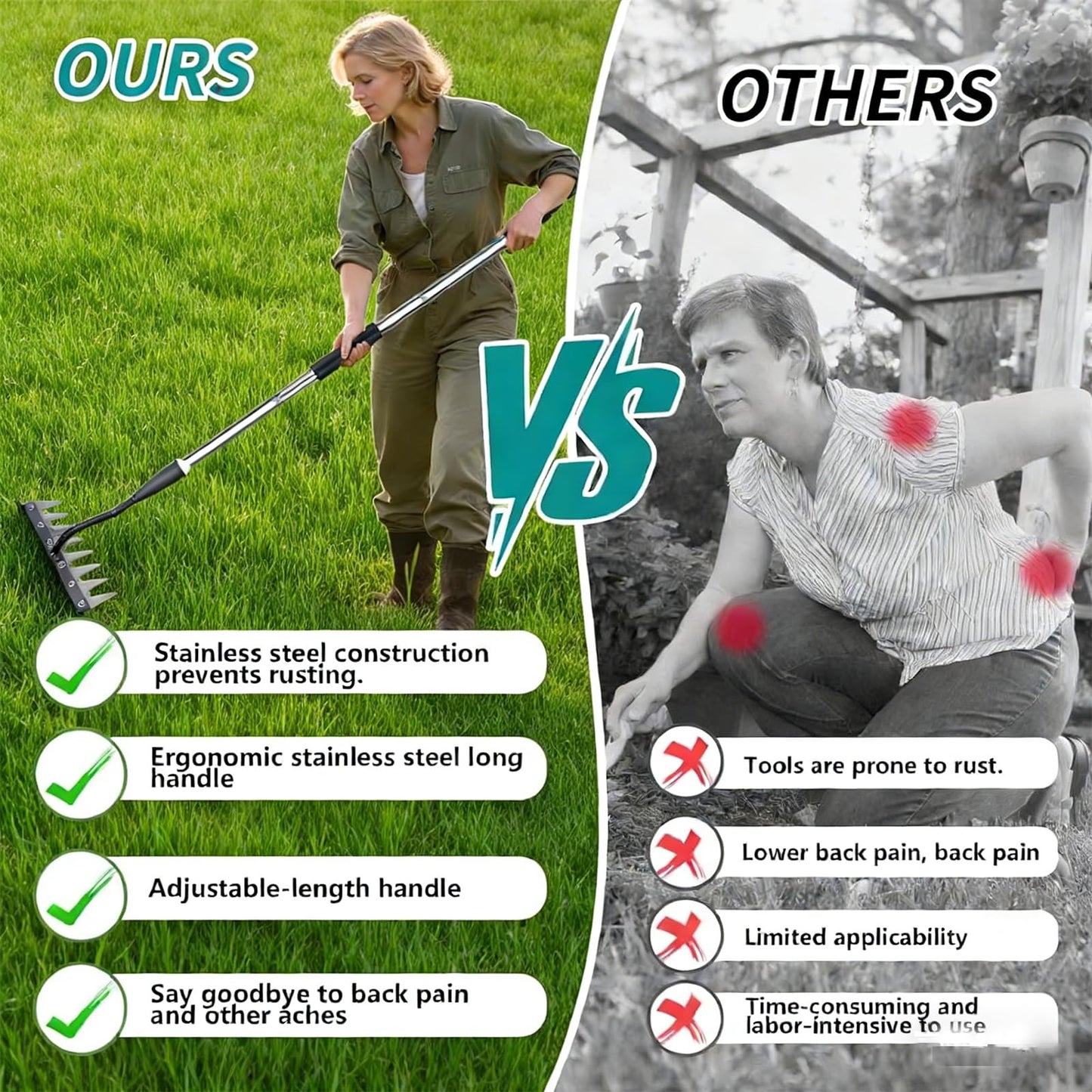 Upgraded Iron Weeding Tool with Adjustable Length Long Handle (28"-60") 3.0,Garden Weed Puller Tool ,8 Tines Manual Weeder Rake,Heavy Duty Weed Puller for Removing Weeds,Lawn, Flower Beds and Aeration