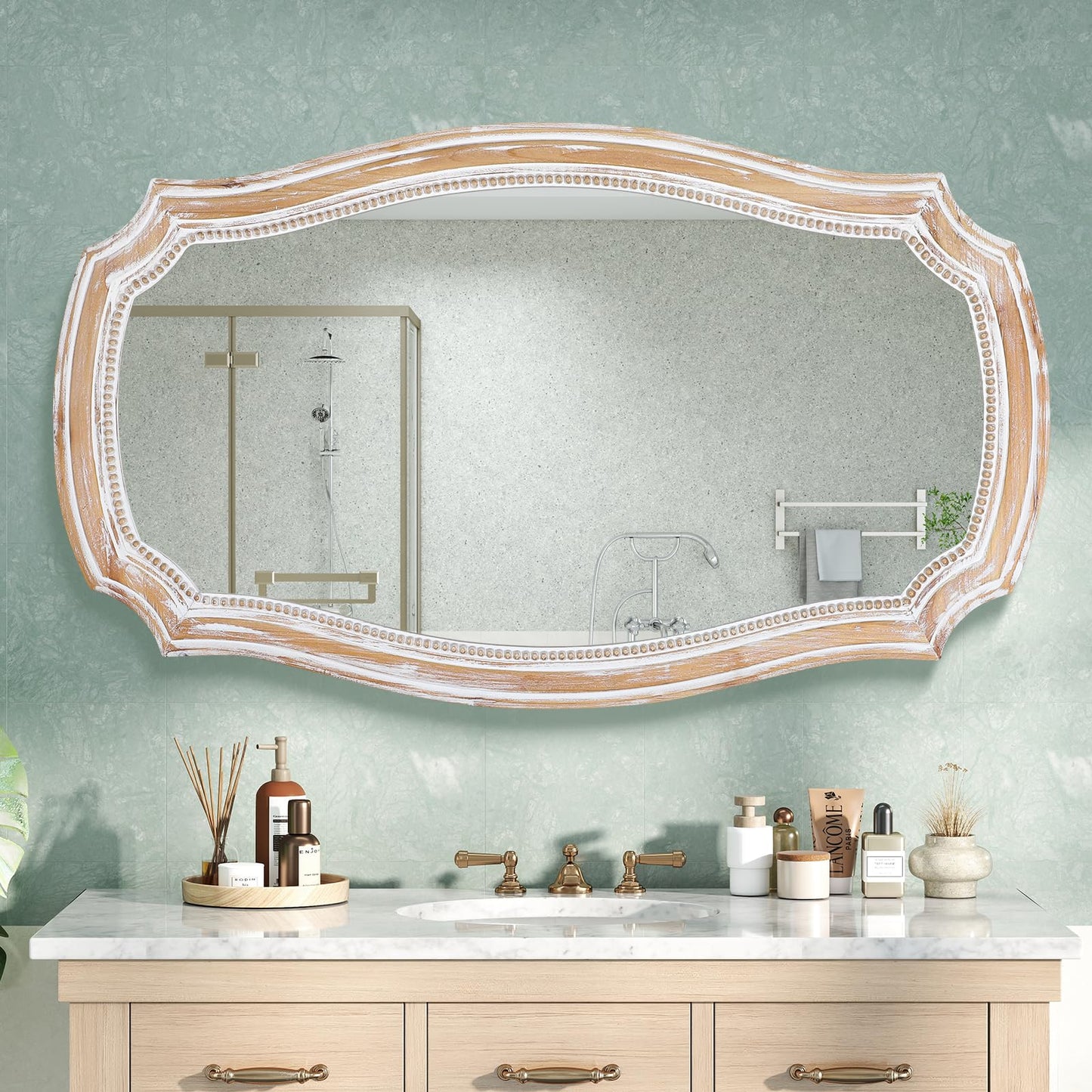 HOITUZYUS 36x24 Inches Rustic Scalloped Wall Mirror, Baroque Curved with Beaded, Distressed Wooden Decorative Mirros for Living Room, Bedroom, Entryway - Horizontal or Vertical