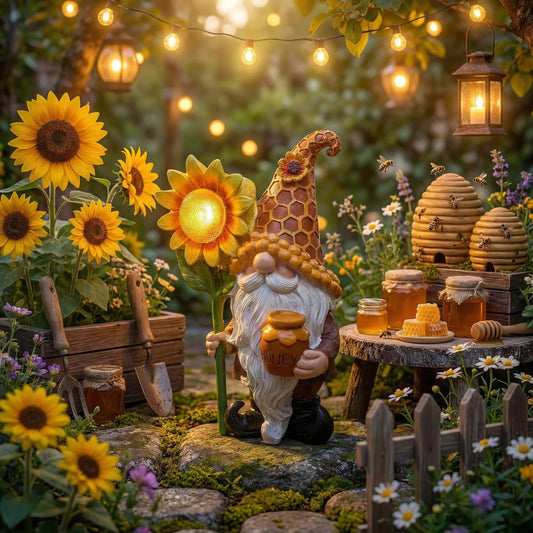 Lyeasw Solar Garden Gnome Statues with Sunflower Light - Outdoor Yard Decor - Honey Pot Gnome Figurines for Patio Lawn Walkway & Backyard, Unique Welcome Garden Gifts for Mom & Grandma