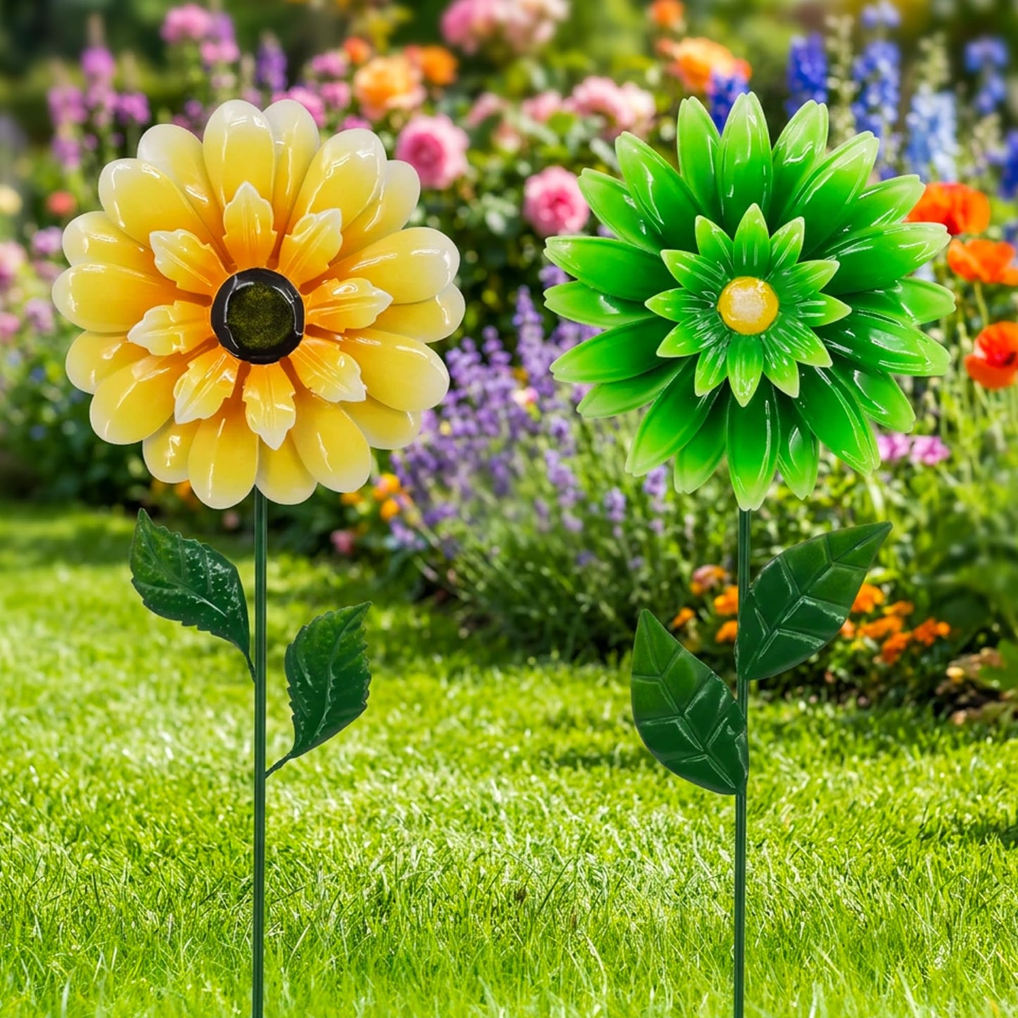 2 Pack Metal Flower Wind Spinners, Yellow Sunflower & Green Daisy Garden Stakes Yard Art, Decorative Floral Pinwheels Lawn Ornaments for Outdoor, Patio, Backyard and Flower Bed Spring Decor