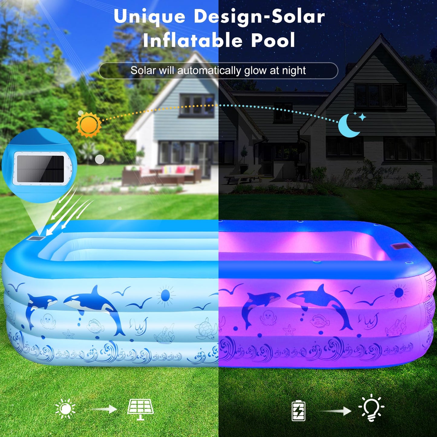 StarOcean 2026 Upgrade Inflatable Pool with Lights, Family Inflatable Swimming Pool for Kids,Adults,Blow Up Pool Solar Powered,Large Kiddie Pool,100"x63"x20"Oversized Thickened Pool for Backyard-Blue