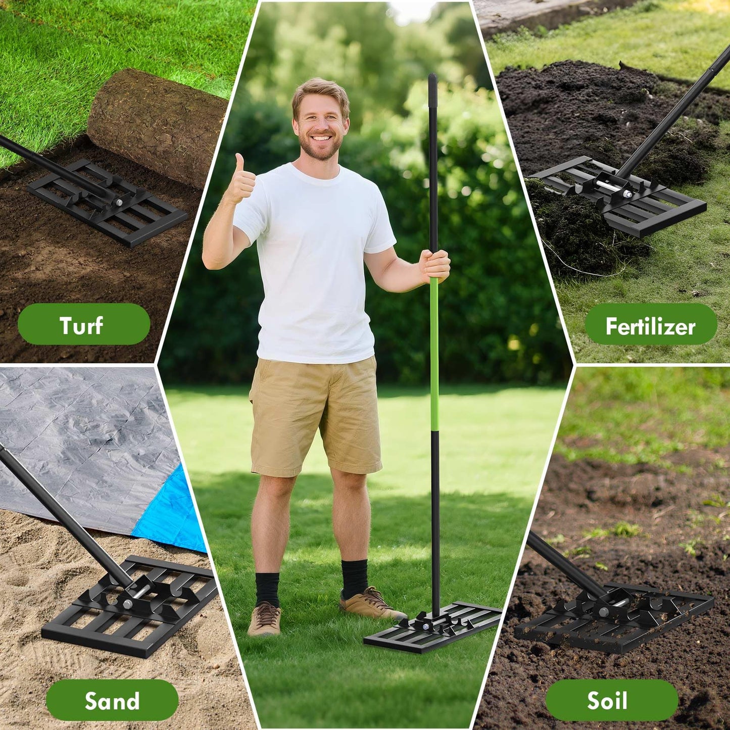 Seeutek Lawn Leveling Rake, 17" x 10" Heavy Duty Yard Leveling Rake Tool with 0-180° Adjustable Handle, 6.5FT Steel Handle Lawn Leveler for Yard Garden Golf, Ease Level Soil Sand Dirt Surface
