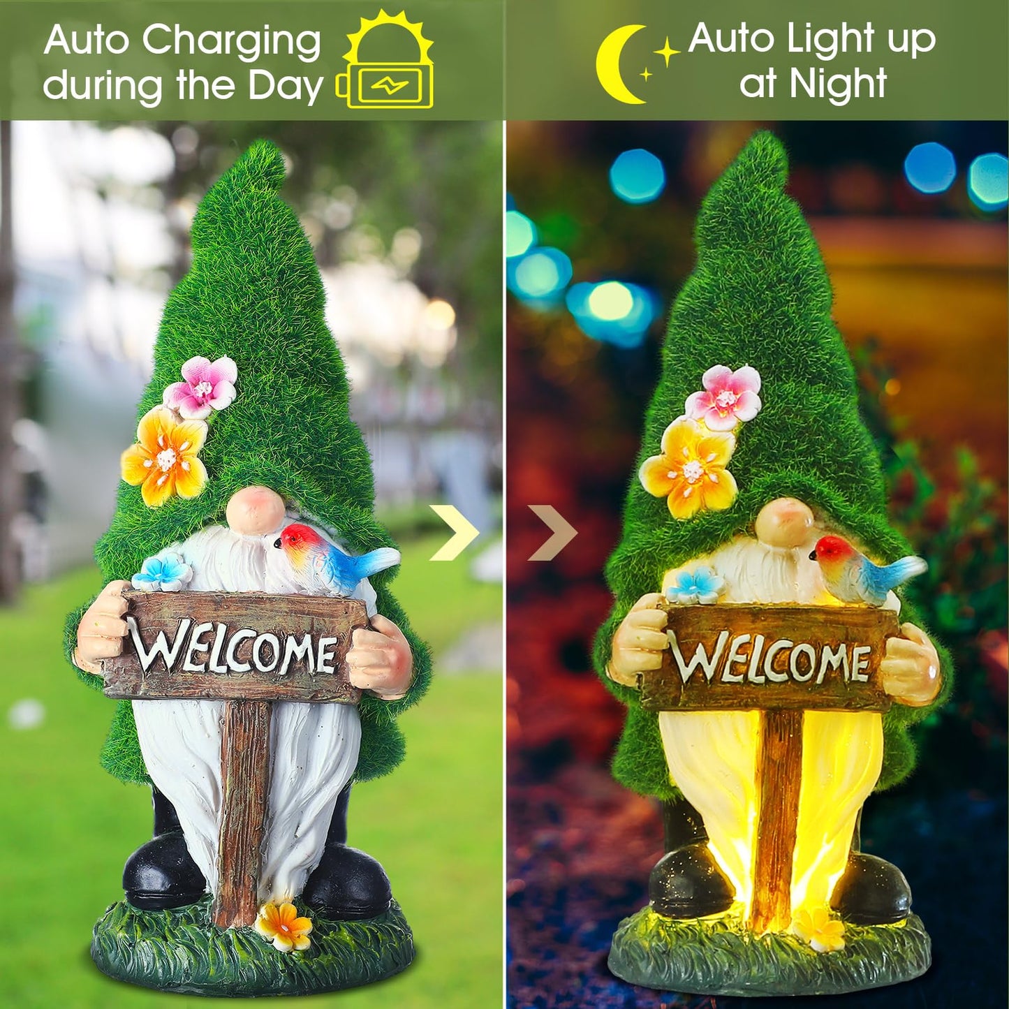 Rossesay 2 Pcs Solar Garden Gnomes Outdoor Decorations with Welcome Sign, Waterproof Resin Gnome Statues with Lights for Outside Yard Patio Porch Decor, Mothers Day Gifts for Mom Grandma Women