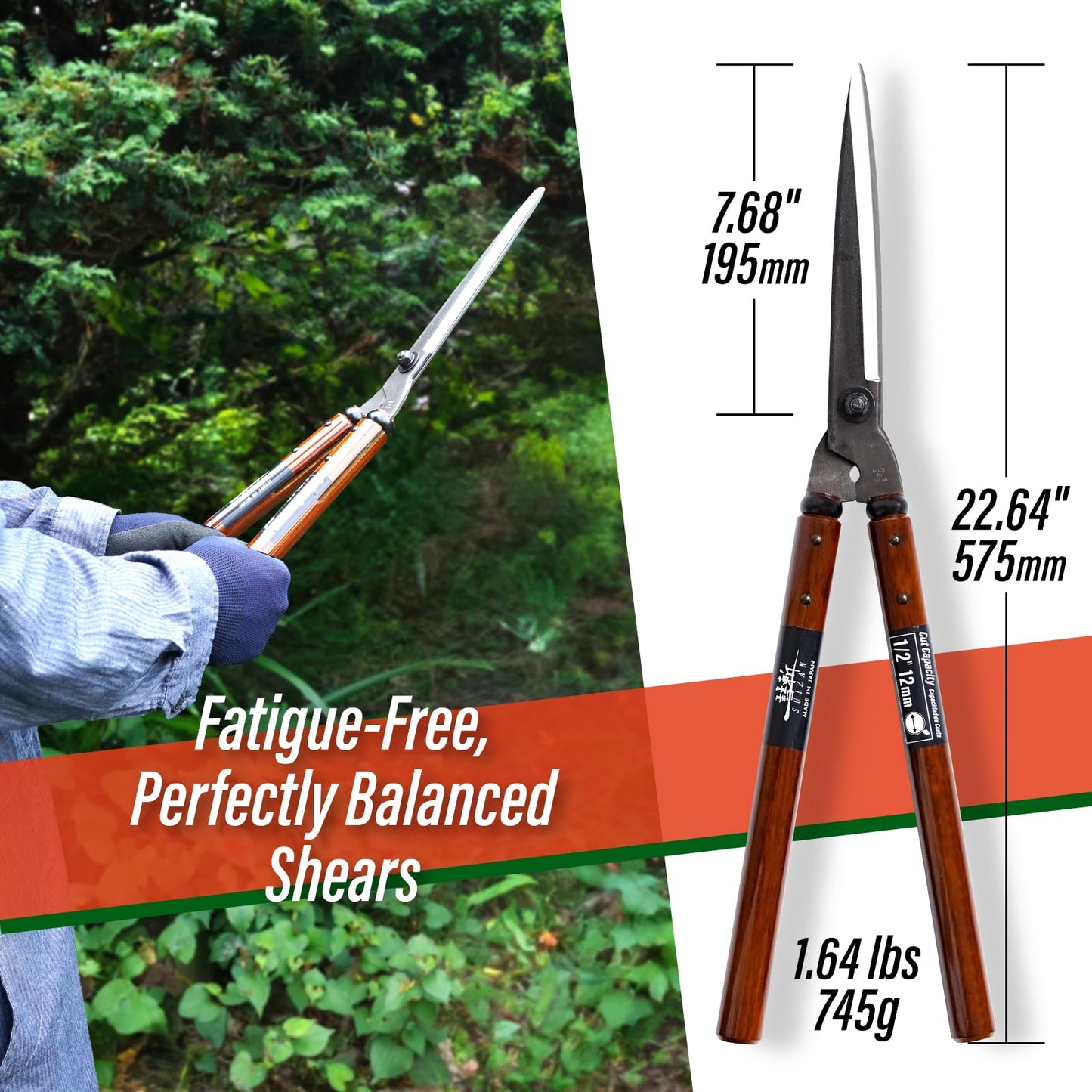 SUIZAN Hedge Shears 22.6" - Professional Japanese Garden Clippers for Precise Trimming Gardening Tools