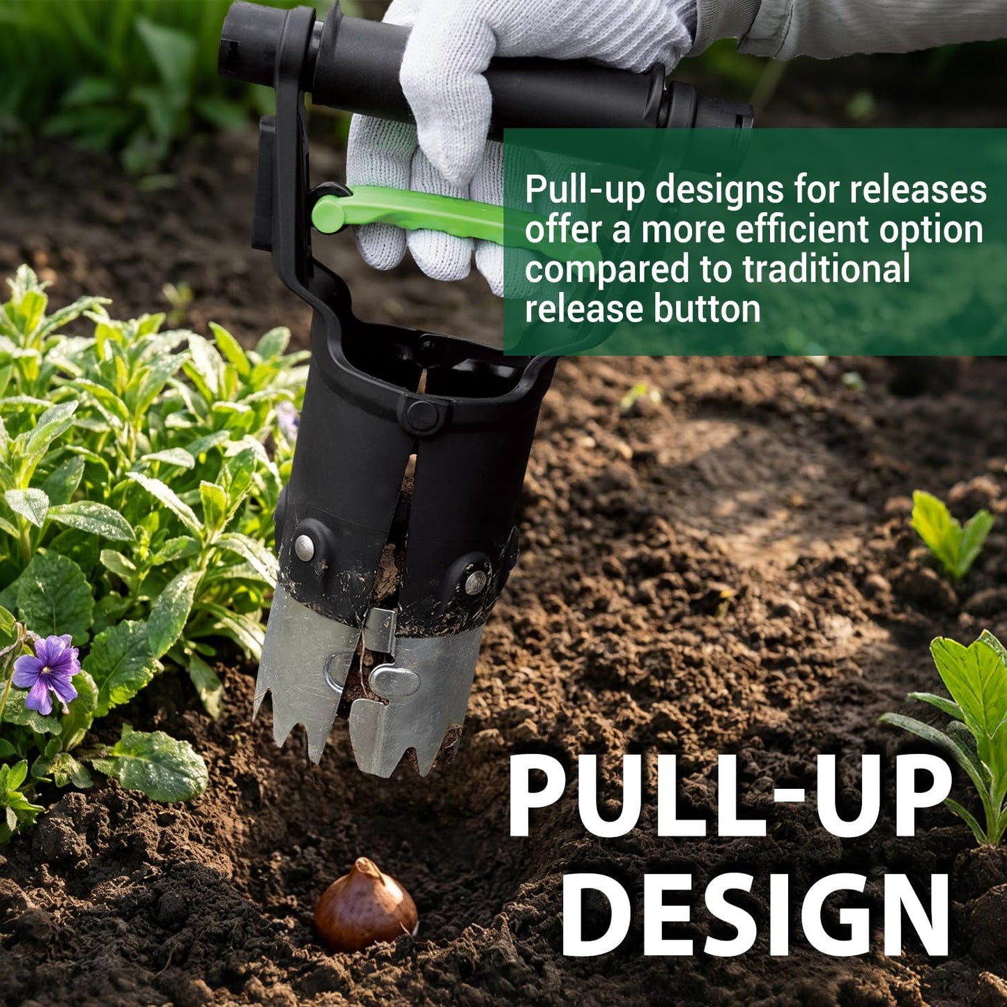 H HUGELEAF Garden Bulb Planter Tool 1-5 Inch Depth, Heavy Duty Galvanized Steel with Serrated Edge & Comfort Grip Handle for Planting Tulip Daffodil Dahlia Onion