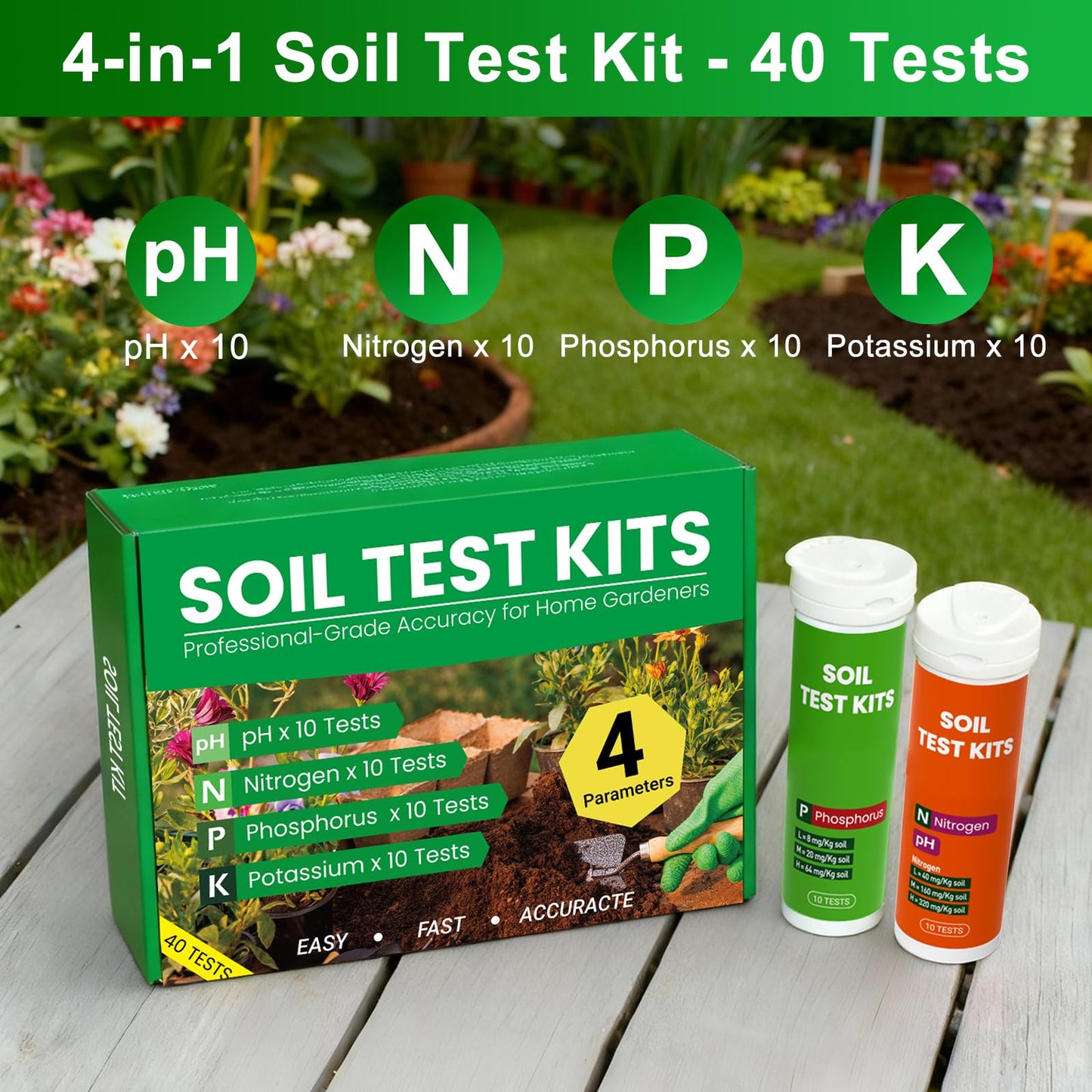 AKSBTEC 2026 NEW Soil Test Kit 4-in-1 for Lawns & Gardens – 40 Tests (pH, Nitrogen, Phosphorus, Potassium) – Easy Soil Testing Kit for Vegetable Garden, Lawn & Plants