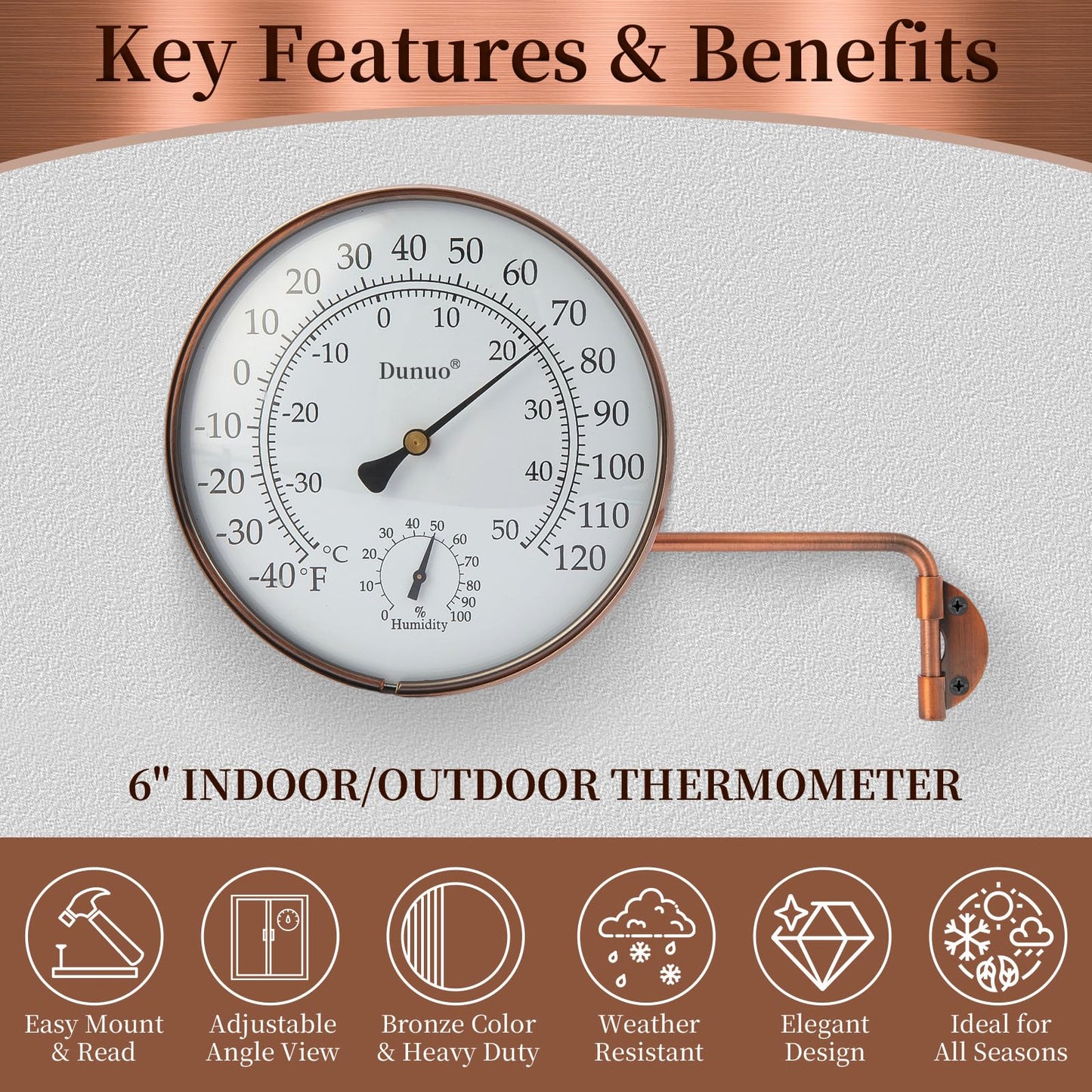 Dunuo 6" Outdoor Thermometer for Greenhouse, Garage and Patio. Weatherproof & Decorative Outside Temperature Gauge for Window, Antique Copper with Humidity (Easy-Read Brass Swivel Design)