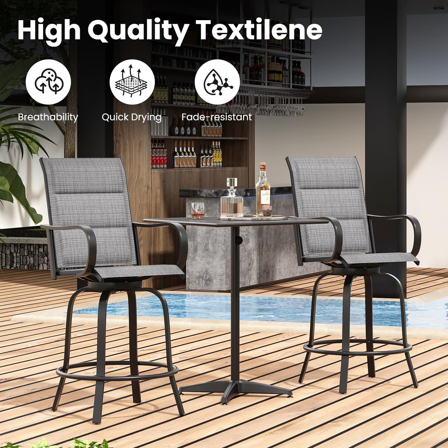 Soohow Swivel Patio Bar Stools Set of 2, Outdoor Barstools with Paded Textilene Fabric, All Weather Bar Height Outdoor Chairs, Tall Swivel Patio Chair for Balcony, Poolside, Yard