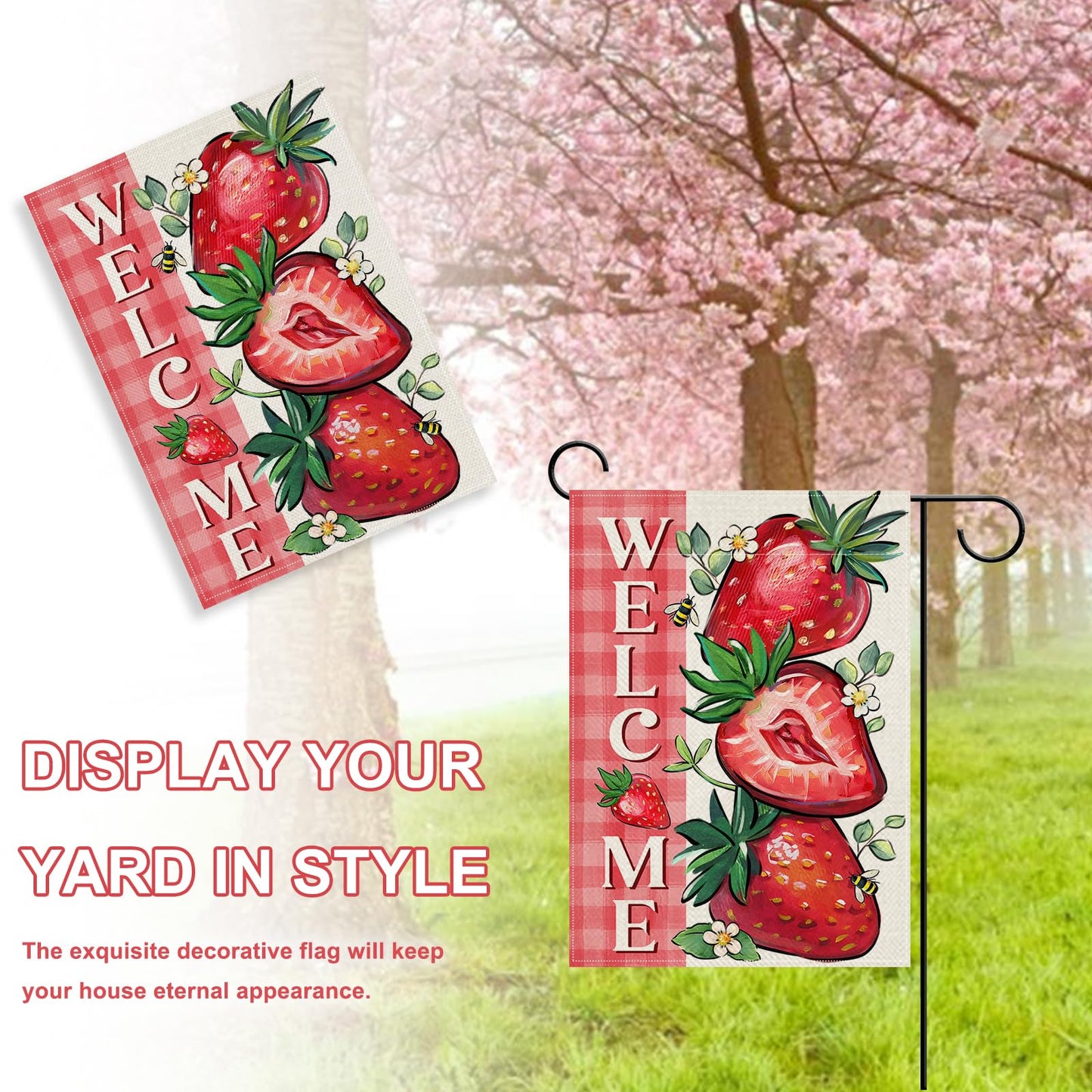 Covido Welcome Spring Summer Strawberry Decorative Garden Flag, Red Fruit Plaid Check Farmhouse Yard Outside Decorations, Seasonal Burlap Outdoor Small Home Decor Double Sided 12 x 18