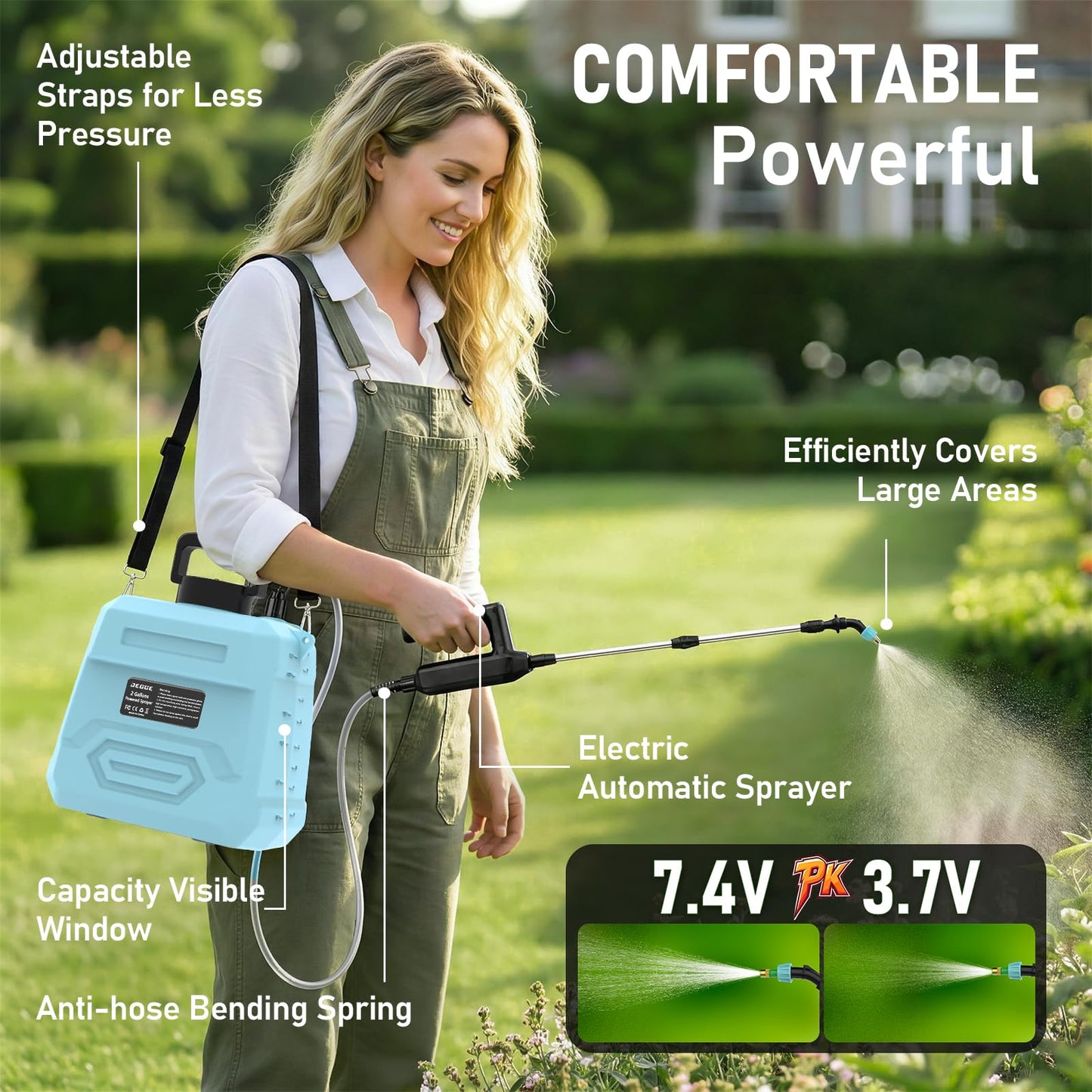 DEGGE Battery Powered Sprayer 2 Gallon, 7.4V Powerful Electric Pump Sprayer, Weed Killer Sprayers with Rechargeable Handle & 5 Mist Nozzles & Retractable Wand & Adjustable Strap for Lawn, Garden, Yard