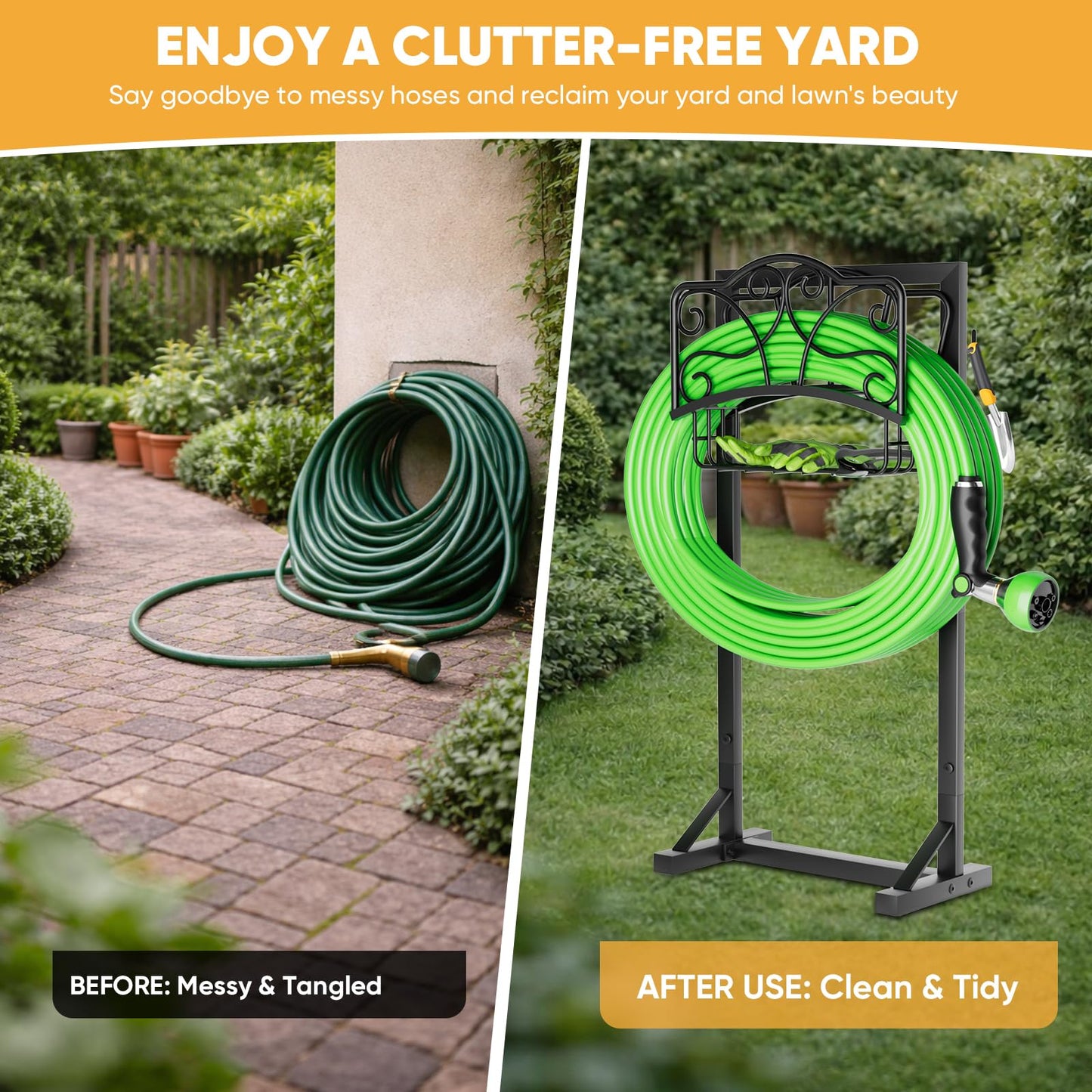 Xeapoms Heavy-Duty Garden Hose Holder with Storage Basket and Tool Hooks, Stable Hose Hanger Metal Garden Hose Storage Holds 160Ft, Rustproof Freestanding Water Hose Holder for Outside,Yard,Lawn,Farm