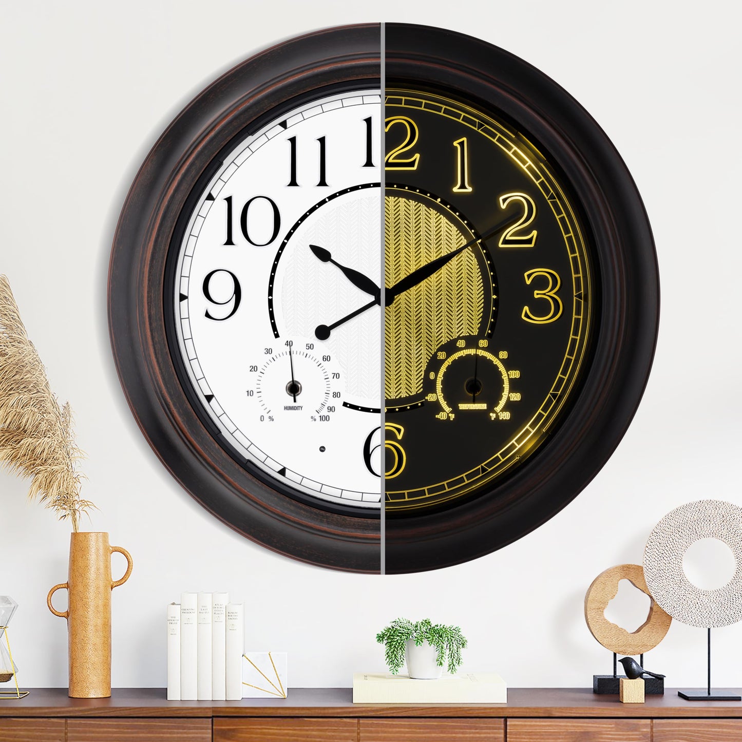 18 Inch Large Illuminated Outdoor Wall Clock, Waterproof Wall Clock with Smart Night Light Sensor, Lighted Large Wall Clock with Thermometer & Hygrometer for Patio Pool Porch Garden & Home Decor