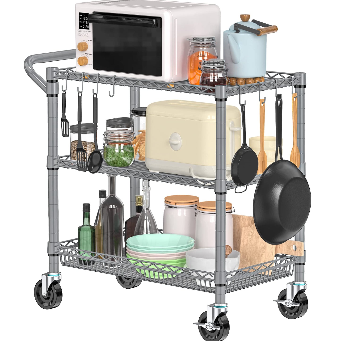 Folews Heavy Duty Rolling Cart with Wheels for Kitchen & Garage, 990LBS 3-Tier Metal Utility Cart, NSF Adjustable Shelves & Basket, Lockable Casters, Commercial Storage Trolley, Gray