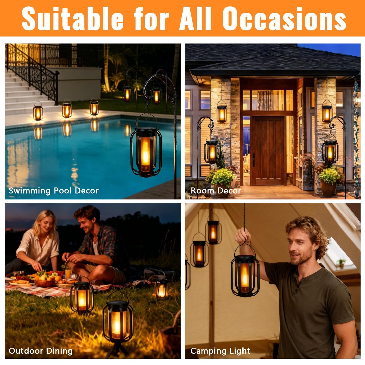 Solar Lanterns Outdoor Lights, 2 Pack Hanging Lantern with Flickering Flame, Hanging Lantern Decorative for Outside,Solar Powered Lanterns for Yard Patio Path Tree Garden Decor