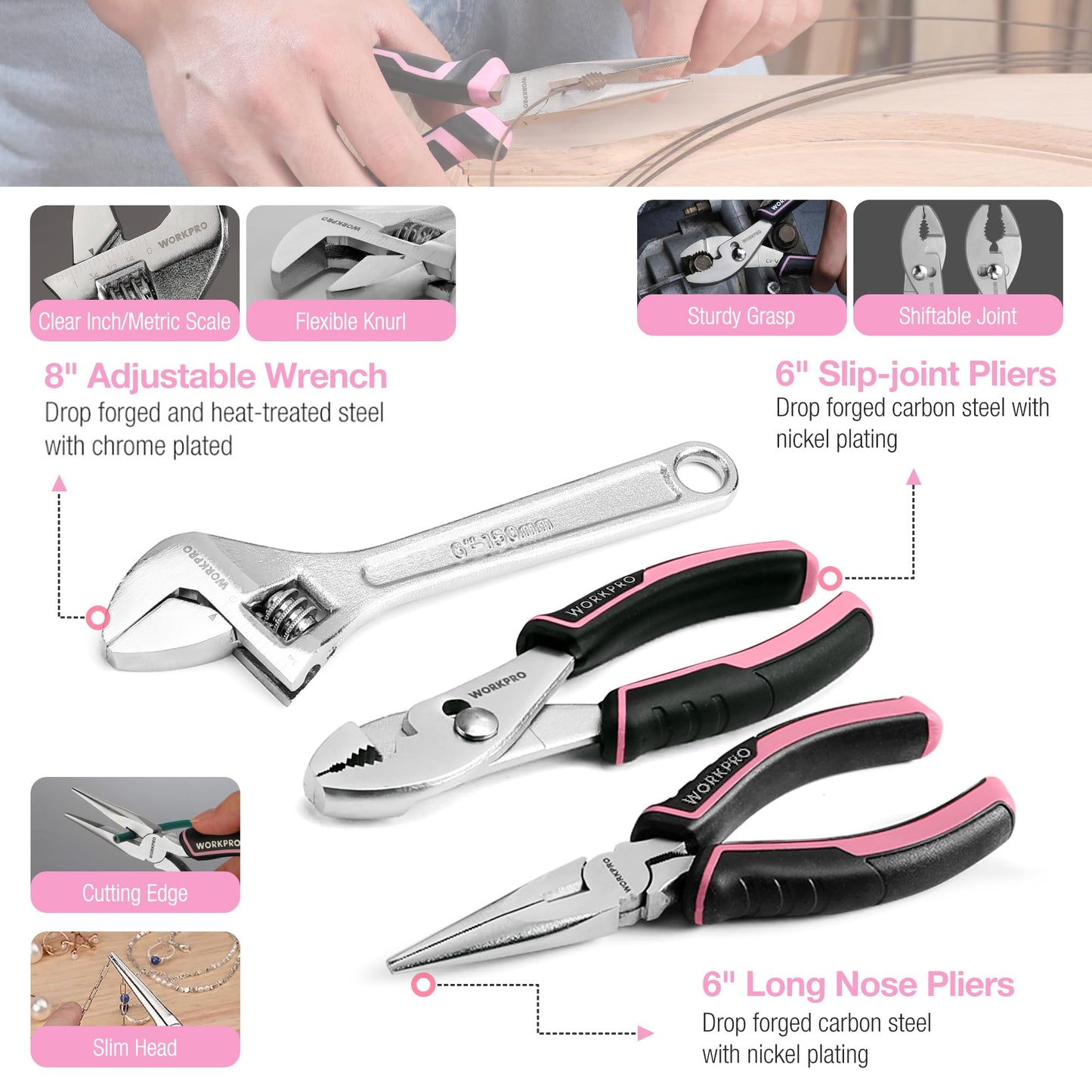 WORKPRO Pink Tool Set, 284 PCS Tool Kit for Women, Basic Household Pink Tool Box with Sockets, Pliers, Ratchet Handle, Portable Toolkit for Home Repair, New Apartment, House-Warming, DIY - Pink Ribbon