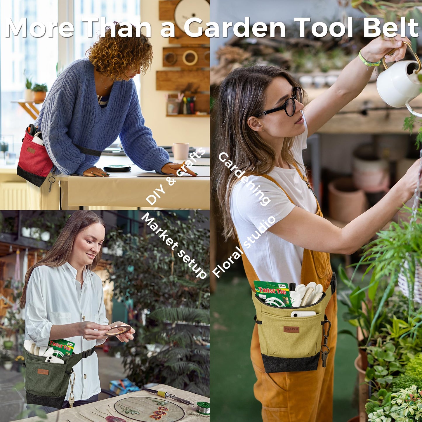 Garden Tool Belt for Women & Men, Forest Green Denim Gardening Apron with Structured Opening, 2 Large Pockets + 2 Inner Pockets, Wide Belt Utility Tool Pouch for Gardening, Florist & Craft