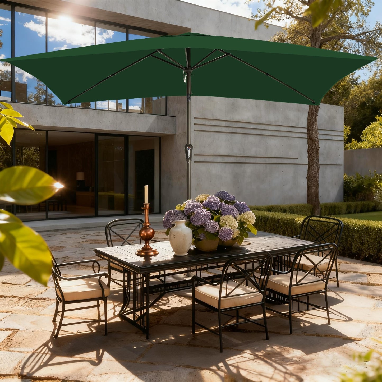 GREFORG 6.5x10FT Rectangular Patio Umbrella with Push Button Tilt & Crank Lift for Garden,UV Protection Outdoor Umbrella for Deck,Pool and Yard,Green