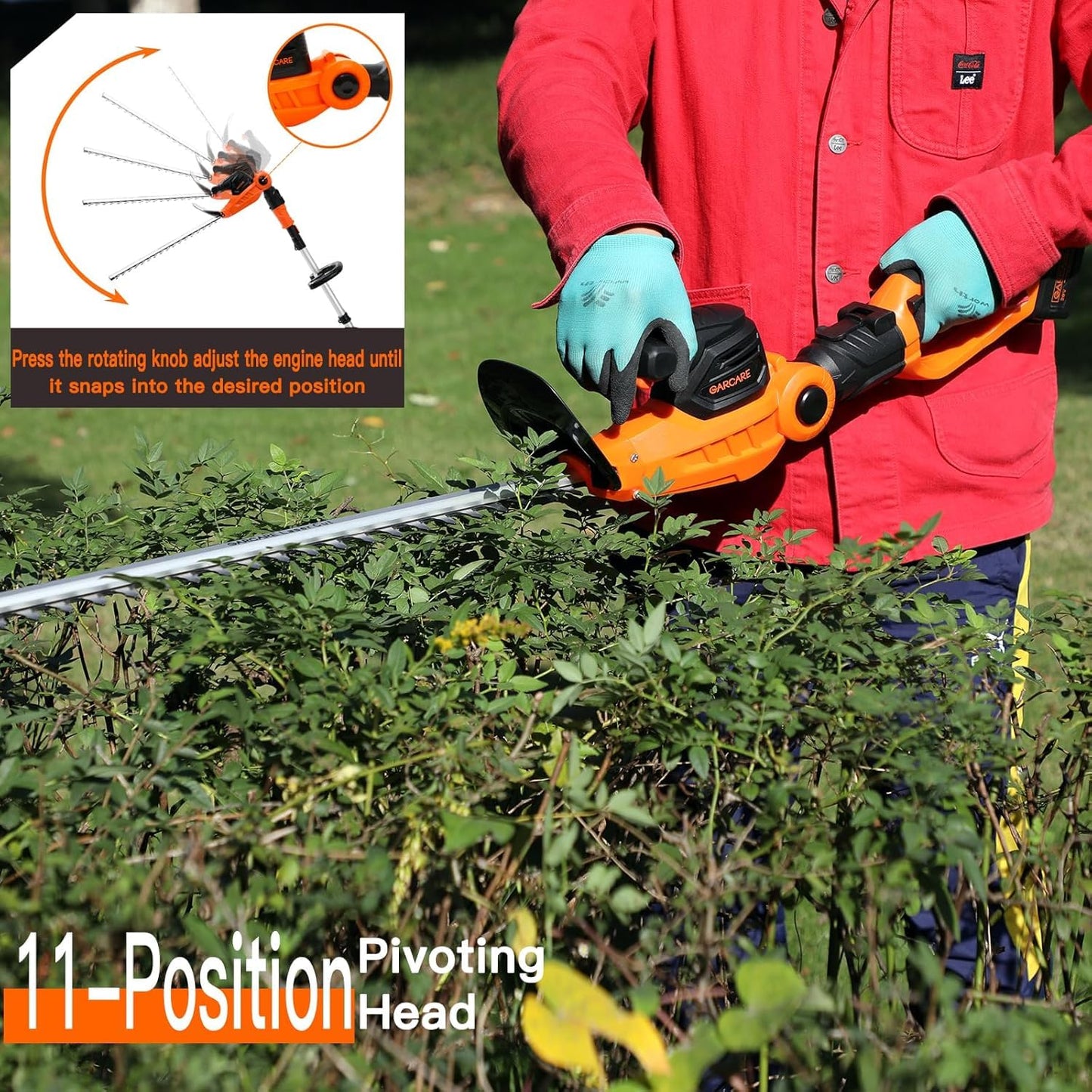 GARCARE 2 in 1 Pole Hedge Trimmer Cordless Long Reach with 20V 4.0Ah Battery and Quick Charger (20inch Cutting Blade Length, 7/10 inch Cutting Capacity, 1200rpm)