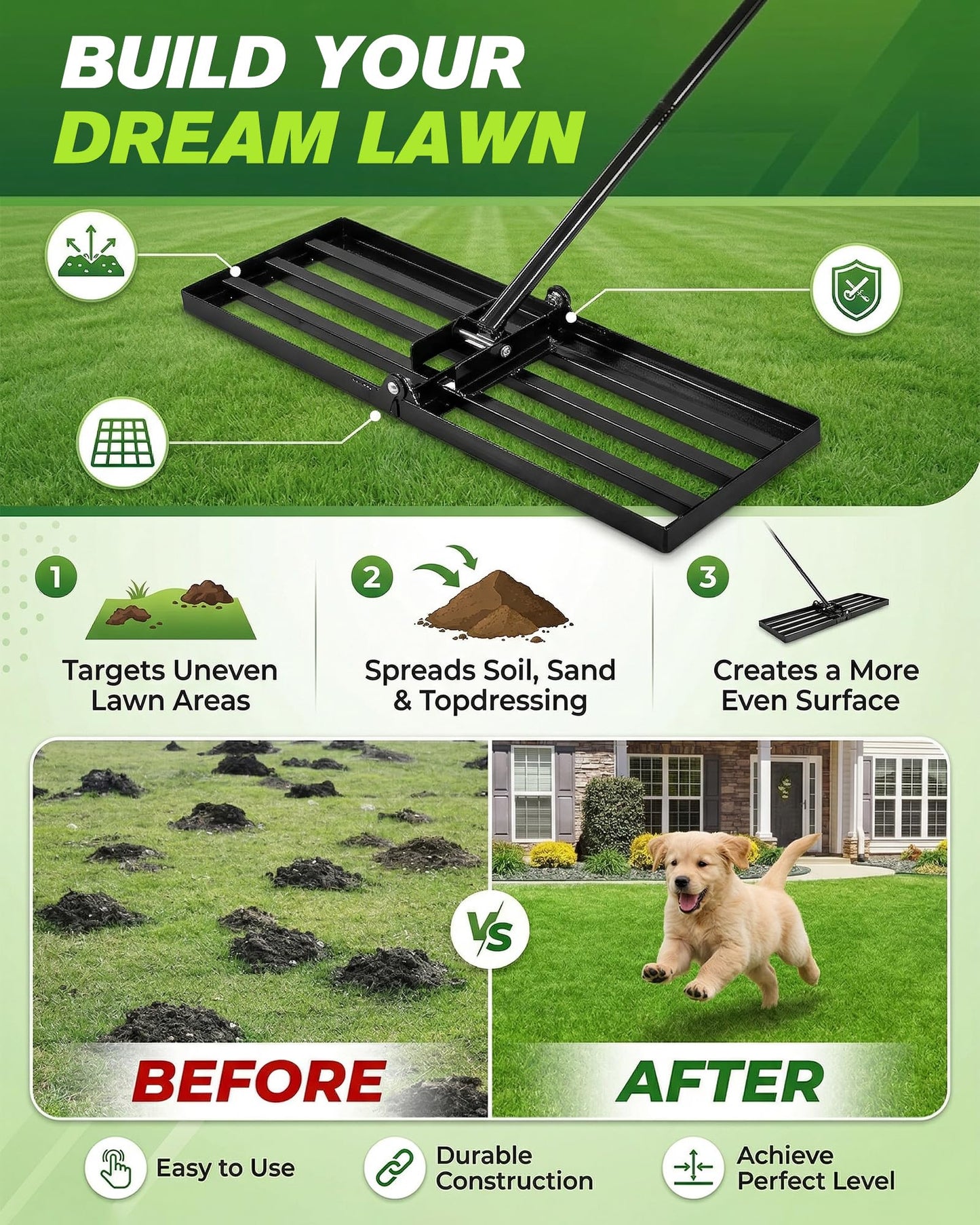 Sakerplus Lawn Leveling Rake 30 Inch, Landscaping Lawn Leveler, Heavy-Duty Yard Leveling Rake for Soil, Sand, Compost & Fertilizer, Fixed Handle Ground Leveler for Yard