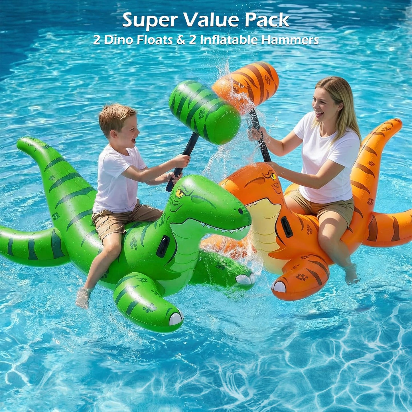 Jasonwell Pool Games Toys Floats -2Pack Inflatable Dinosaur Pool Floats with Blow Up Toy Hammers Ride on Pool Floaties for Kids Teens Adults Lounge Raft Summer Lake Beach Party Decorations (GN&Org XL)