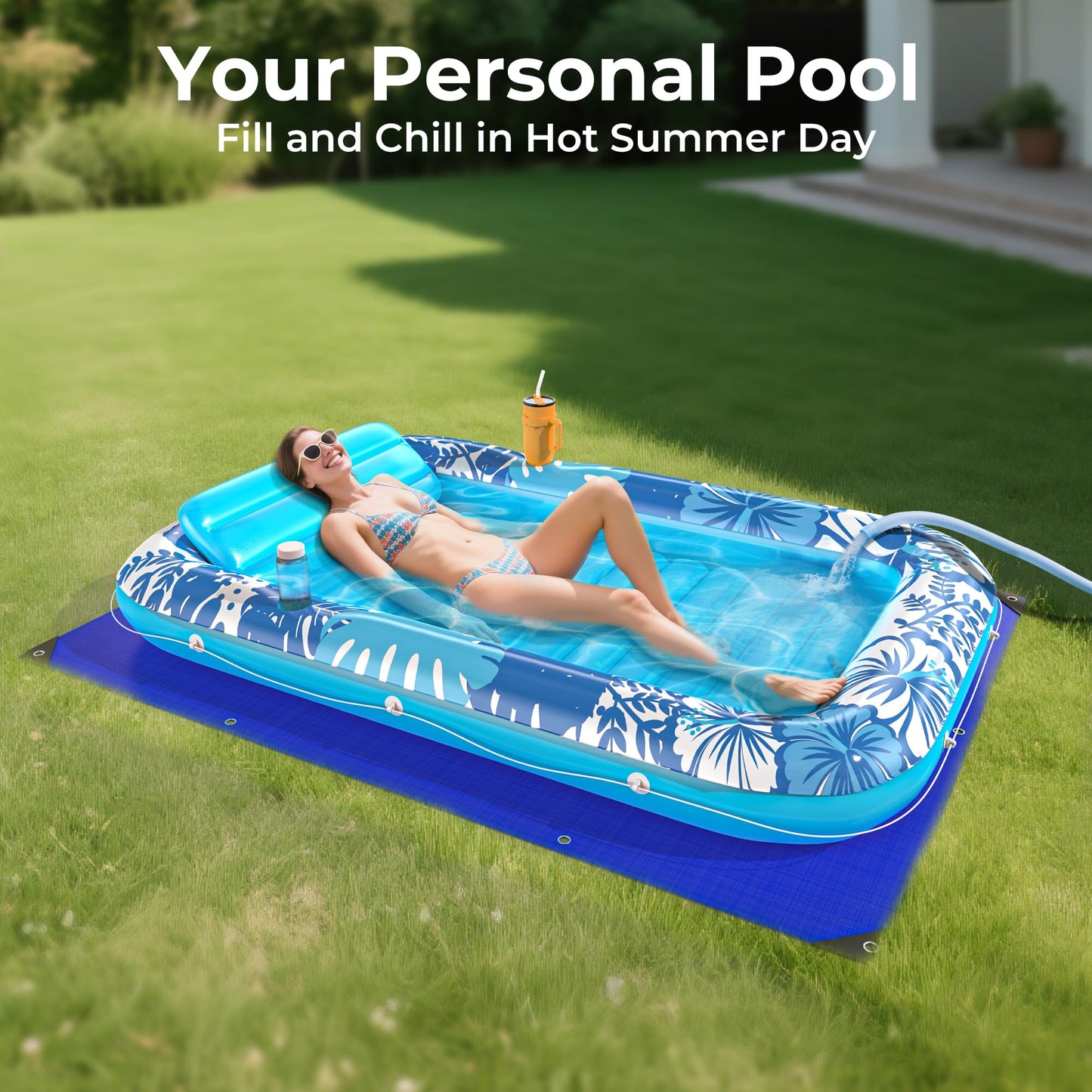 Inflatable Tanning Pool Lounger Float with Protection Tarp, 70" x 46" Pool Floats Adult with Pillow, 6 in 1 Suntan Tub Raft Floatie, Sunbathing Water Bed Lounge Blow Up Kids Ball Pit Party Gifts-Blue