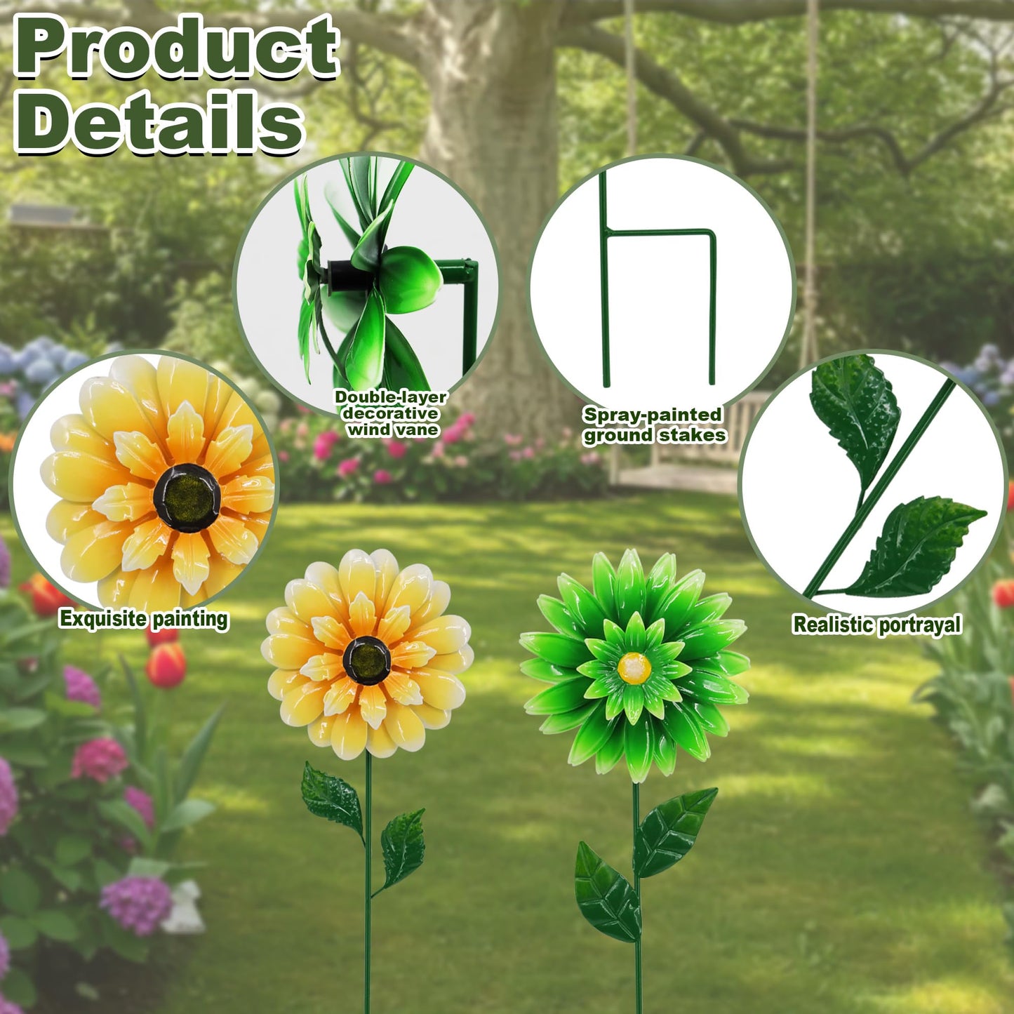 Metal Retro Flower Wind Spinner Art, Guangxie Yard Decorations Outdoor - 2 Pack for Outdoor, Patio, Backyard and Flower Bed Spring Decor (Yellow & Green)