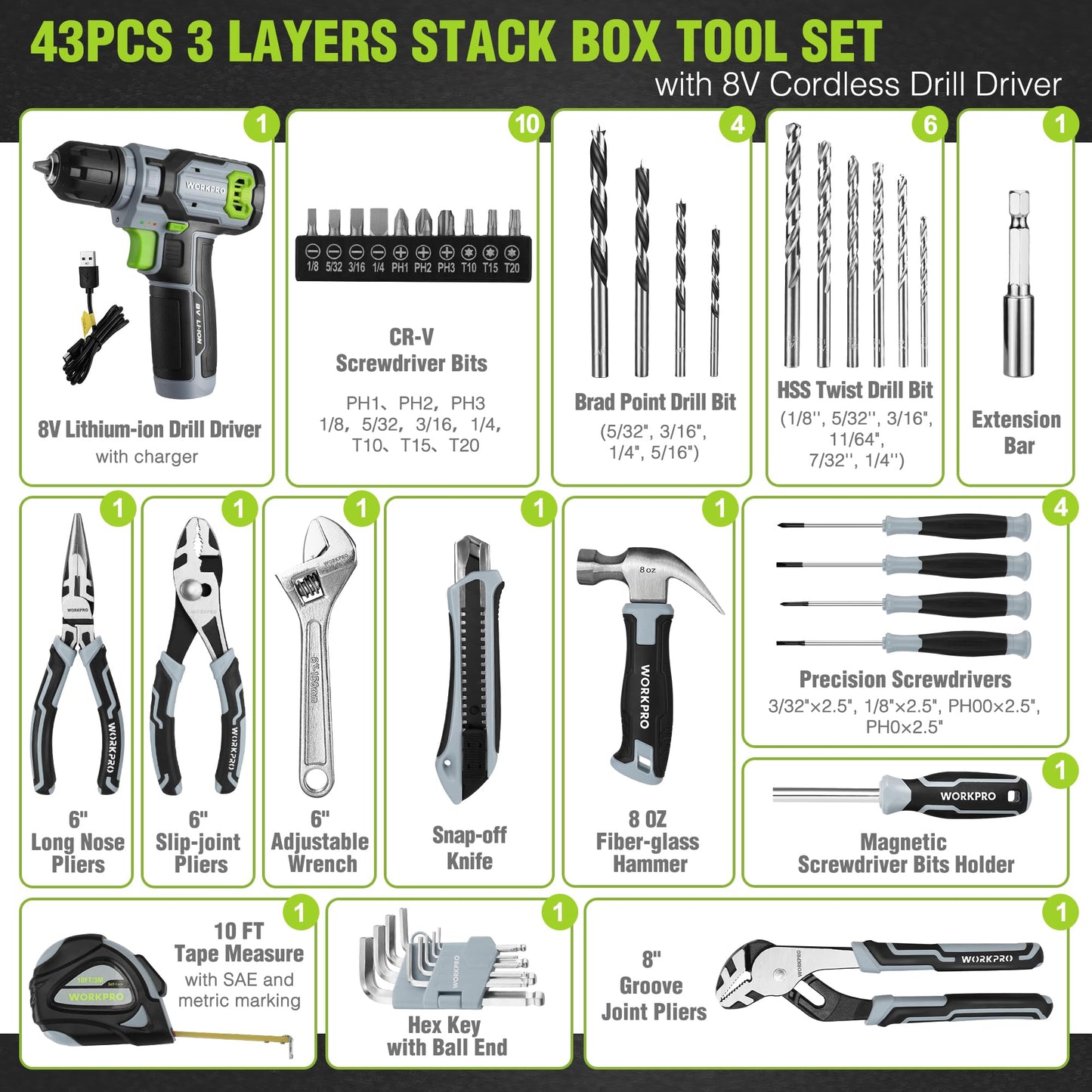 WORKPRO 43PCS Cordless Lithium-ion Drill Driver & Toolbox, 8V 2.0 Ah Power Drill Set with Household Hand Tool Kit, Battery Powered Screwdriver with Stackable Tool Box