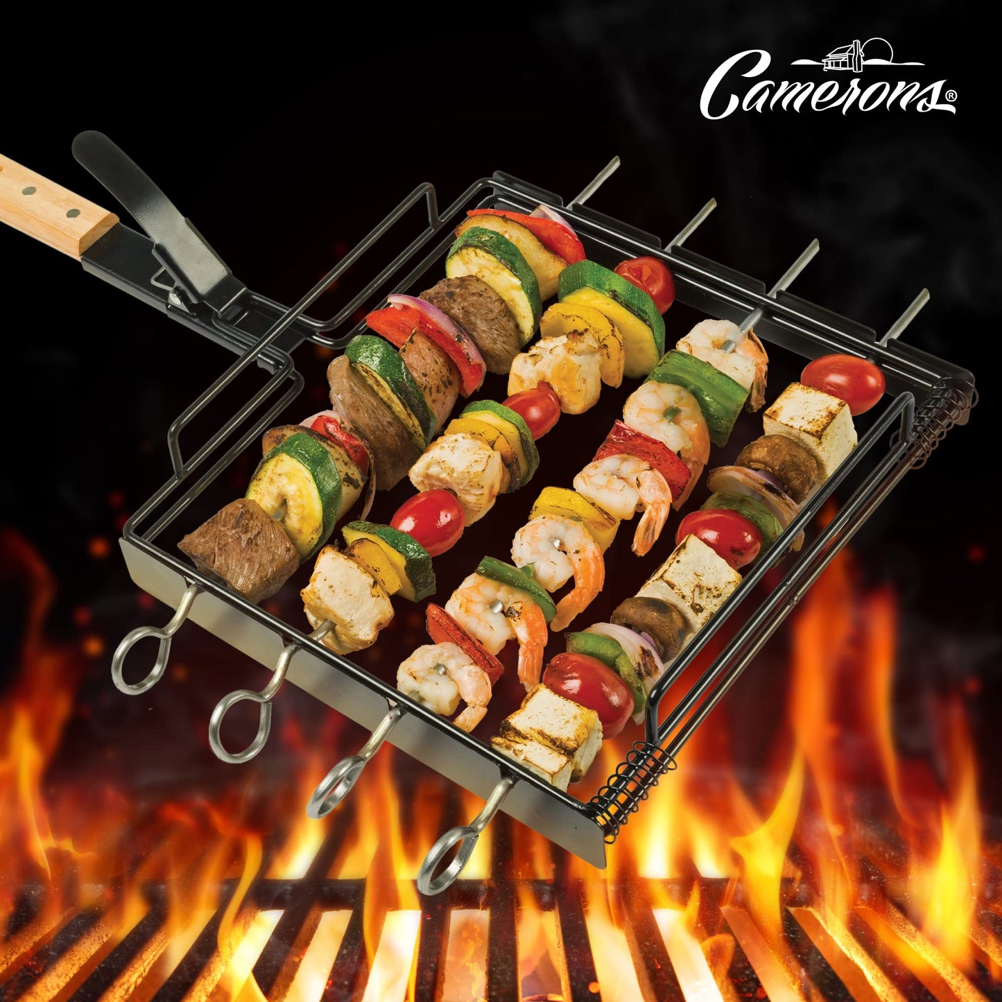 Camerons BBQ Skewer Rack Set - Includes Detachable Handle & 4 Non-Stick Stainless Steel Skewers for Grilling Barbecue Shish Kabobs, Meat, Vegetables & More - Grilling & Cookout Essential