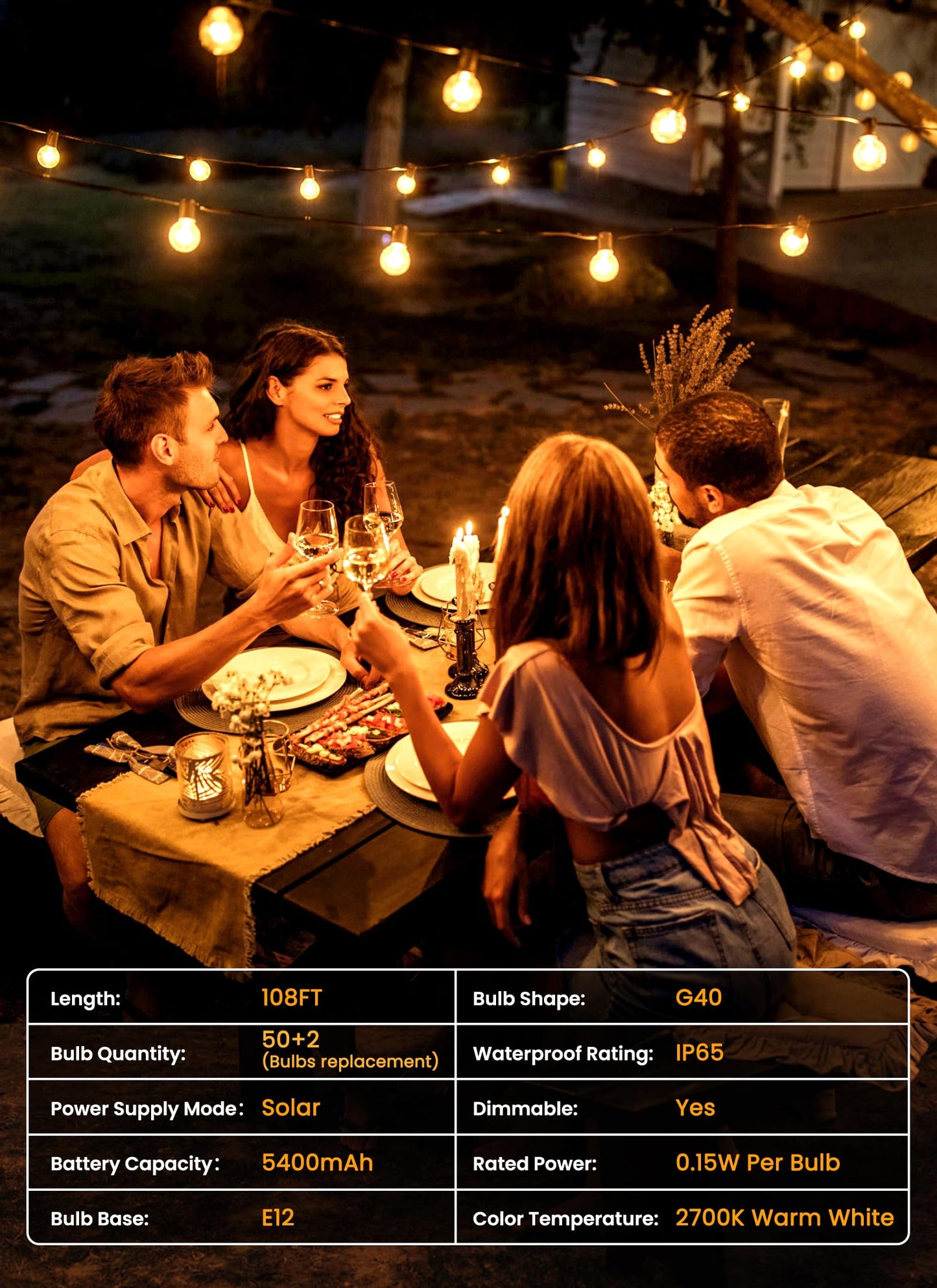 Brightown 108FT 52LED Solar String Lights Outdoor with Remote & USB Port, Shatterproof Bulbs, Dimmable & Timable, 3 Modes, Patio Lights Solar Powered with Mount Clips for Camping Backyard Garden Decor