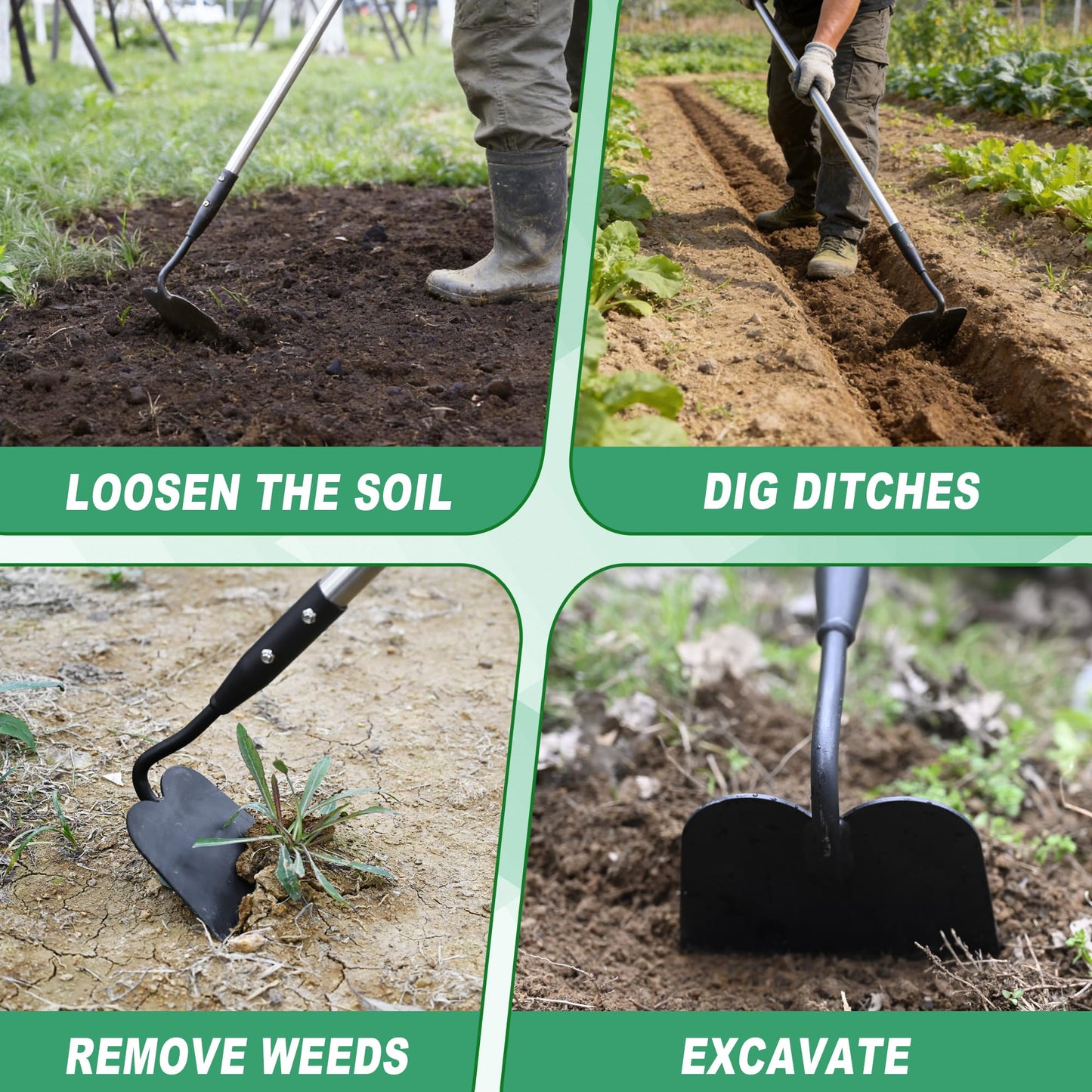 YEELOR Garden Hoe, Long Handle Hoe Garden Tool with Non-Slip Soft Grip, 56-Inch Stainless Steel Handle, Heavy Duty Hoe with Durable Blade, for Digging Loosening Weeding Planting