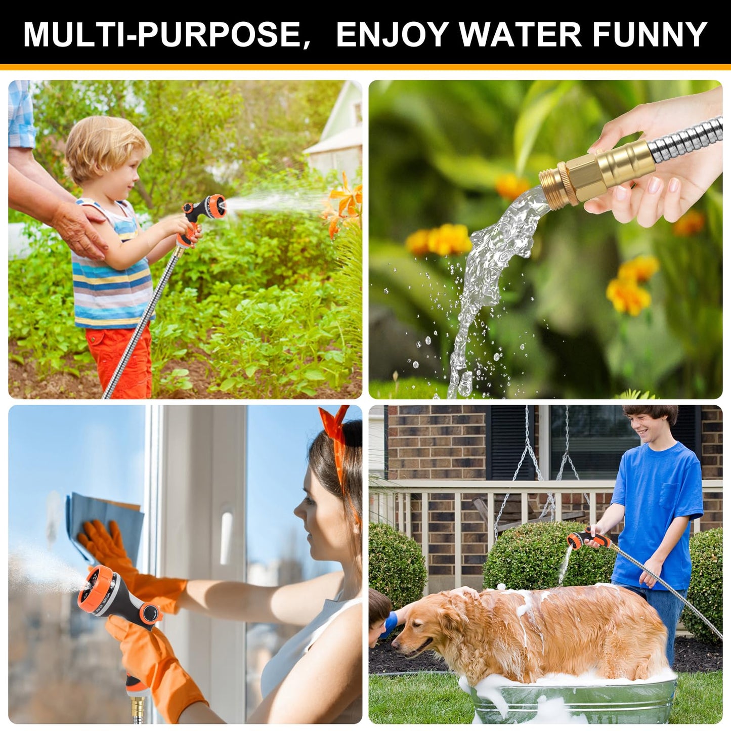 SPRIKIR Metal Garden Hose 100 ft, Stainless Steel Water Hose 100ft with 10 Function Nozzle & 3/4 Copper Fitting, Heavy Duty & Flexible, Kink Free & Lightweight for Yard, Outdoor, Lawn, Patio & Car