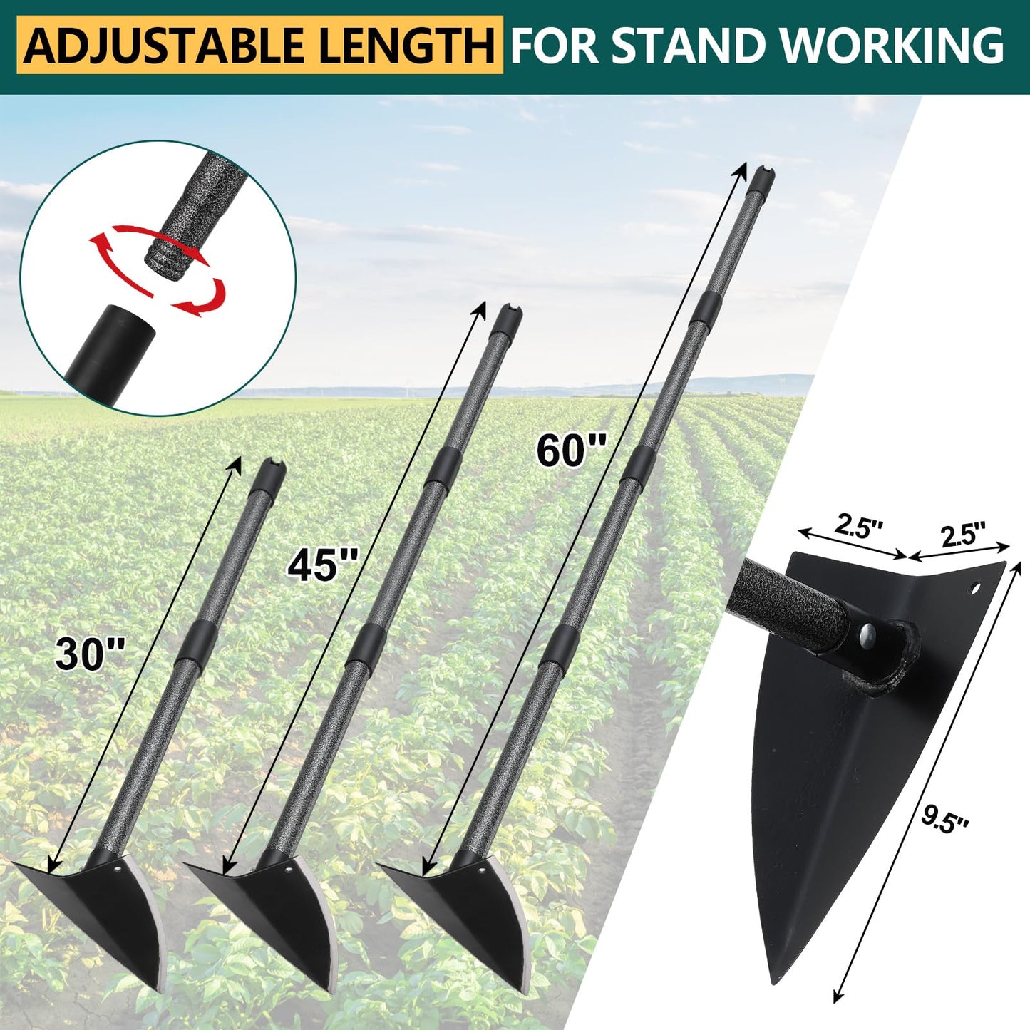 PoPoHoser Hoe Garden Tool, Triangle Hoe Gardening Weeding Tool, 60" Long Handle Heavy Duty Manual Weeder Gardening Hand Tools for Weeding, Digging, Loosening Soil