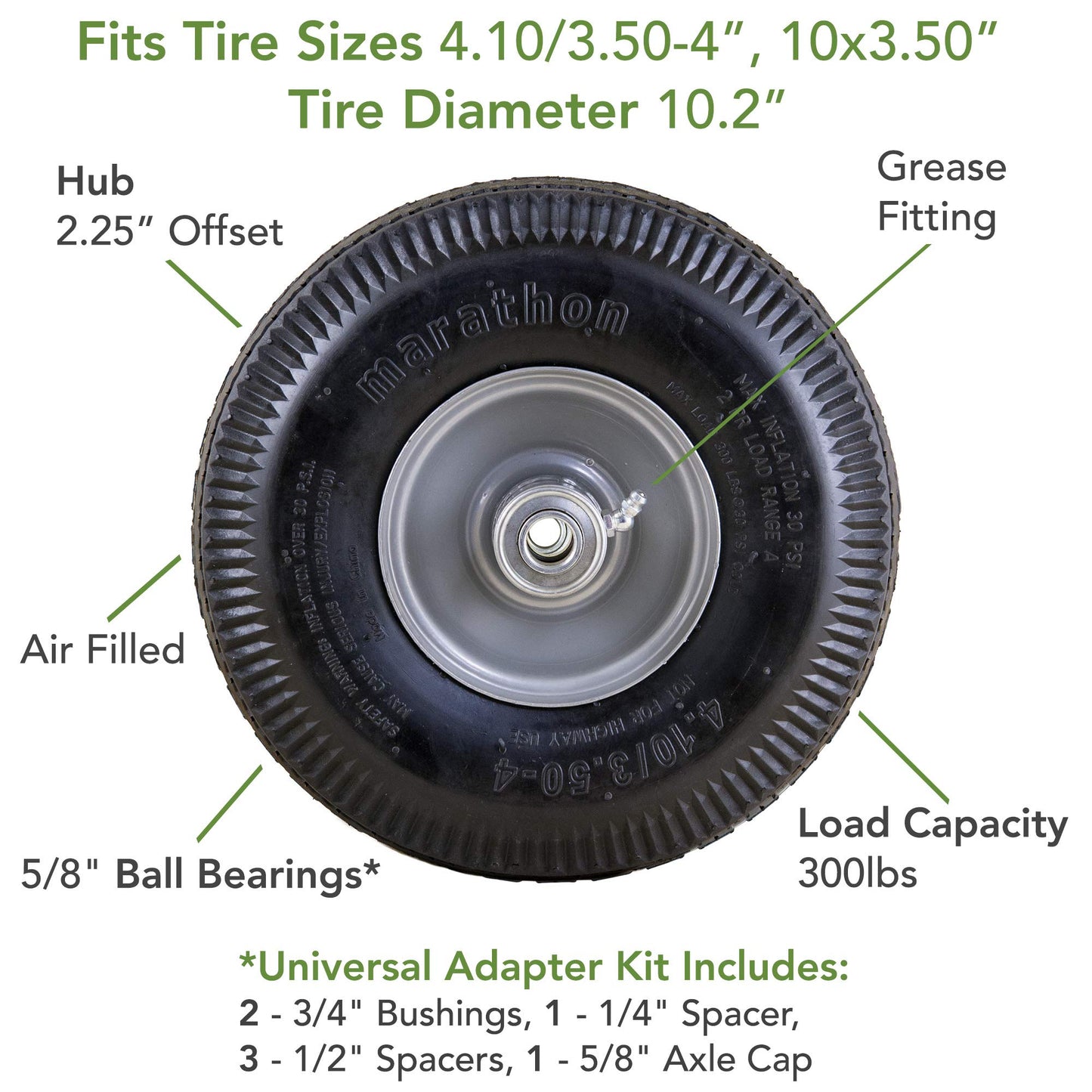 Universal Fit 4.10/3.50-4 Air Filled Hand Truck/Utility Tire, 5/8" Bearings,2.25" Offset to 4" Hub, Adapter Kit Included