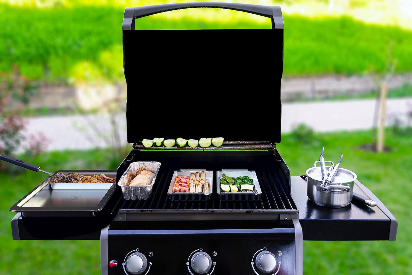 Yukon Glory BBQ Vegetable Grill Basket Set, Stainless Steel, 3 Baskets with Drip Tray & Removable Handle for Fish, Shrimp & Veggies