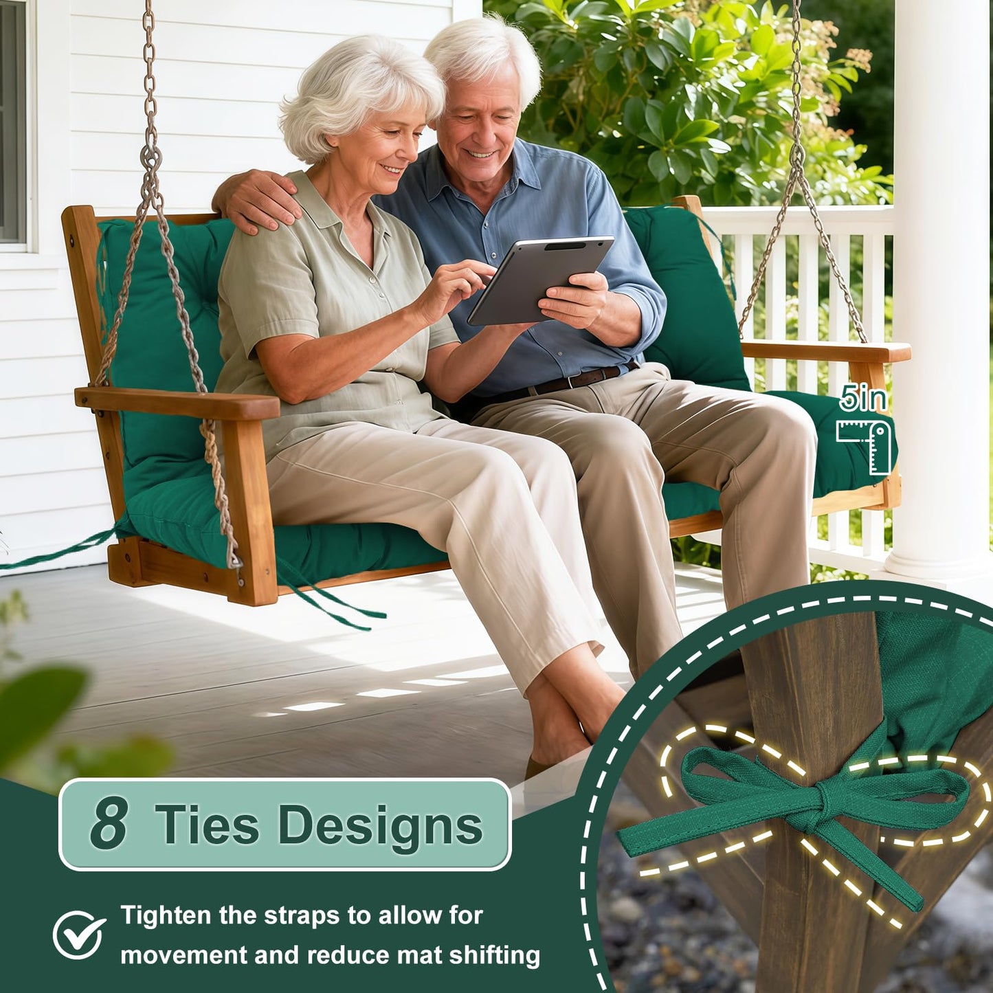 Porch Swing Cushions Outdoor 60 inch x 40 Waterproof Swing Cushions 3 Seater Replacement with Backrest & 8 Ties 5" Thick Bench Swing Cushions for Outdoor Furniture Patio(Dark Green)