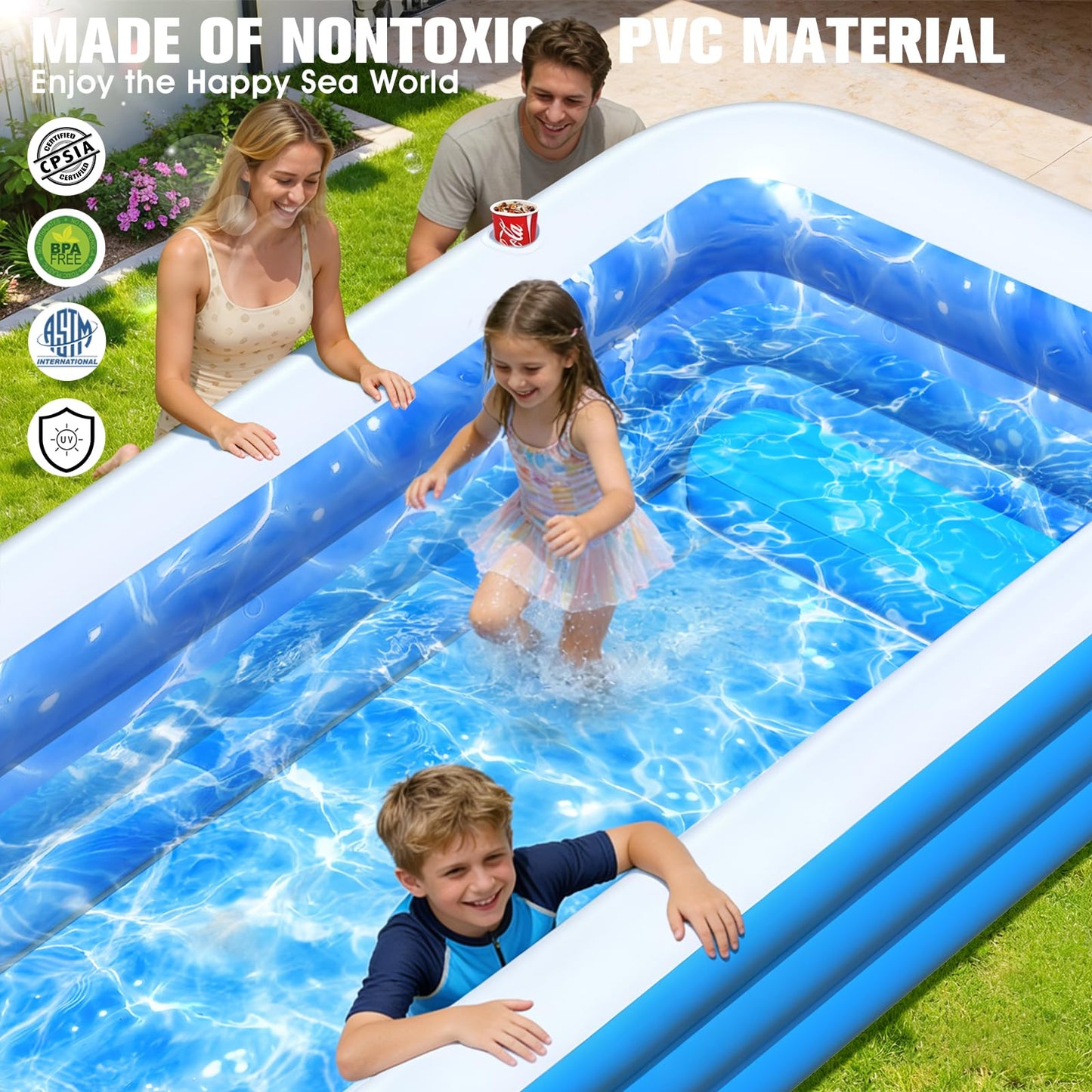Inflatable Pool with Pool Lights and Seat, Durable Thickened Large Size Family Inflatable Pools for Adults Blow Up Pools,110" x 63" x 20"Swimming Inflatable Kids PooI for Backyard,Outdoor (White)