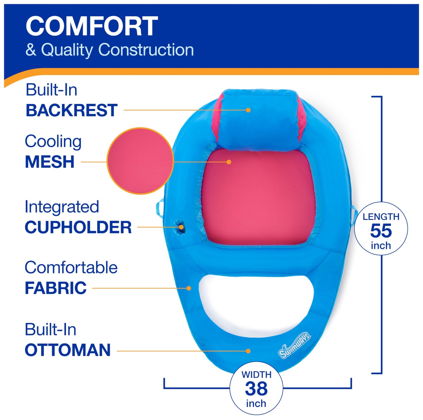 SwimWays Spring Float Premium Recliner Pool Lounger, Inflatable Pool Floats Adult with Fast Inflation for Ages 15 & Up