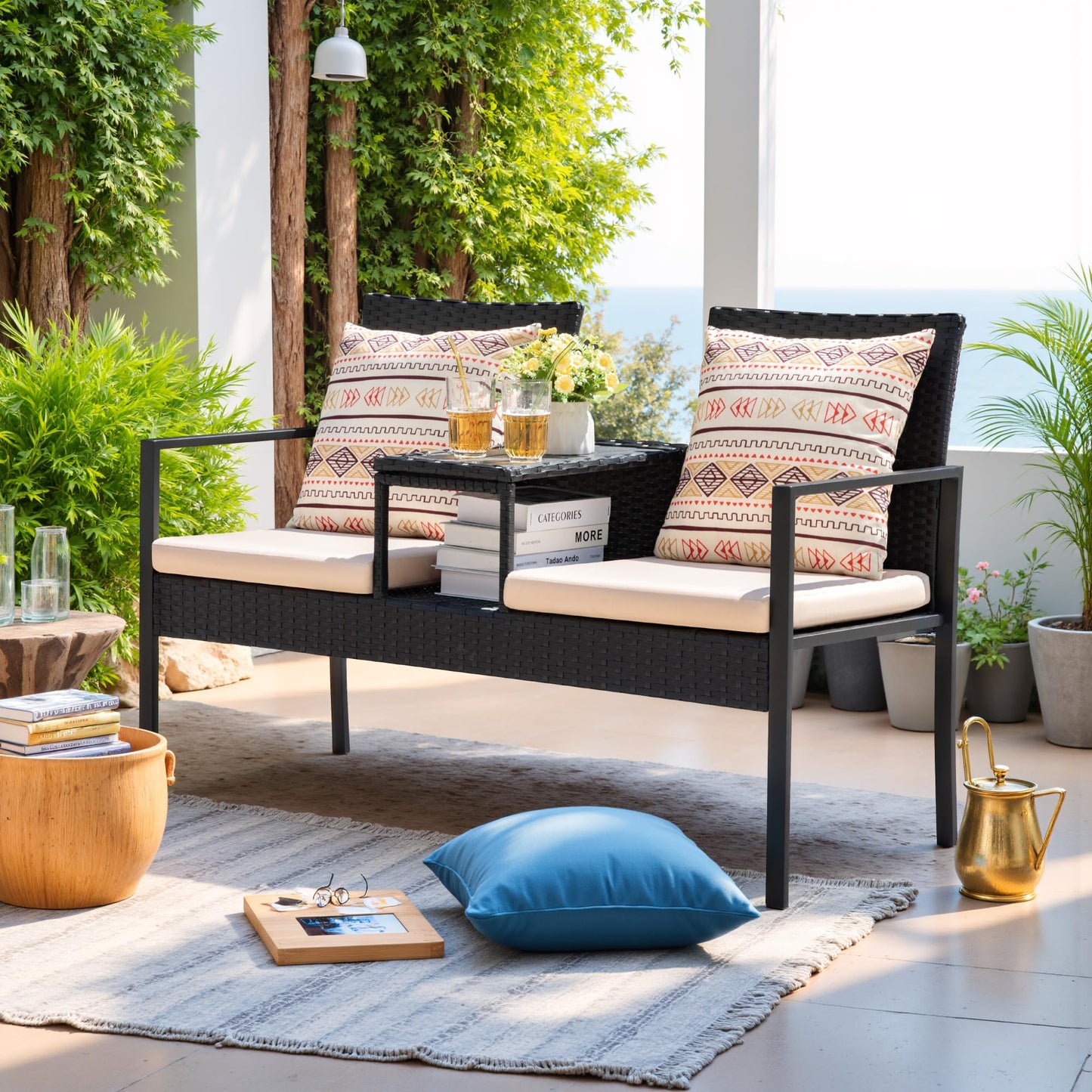 Devoko Patio Conversation Sets Outdoor Loveseat with Built-in Table & Cushions Wicker Patio Furniture Porch Chairs Bench for Lawn, Backyard, Balcony (Beige)