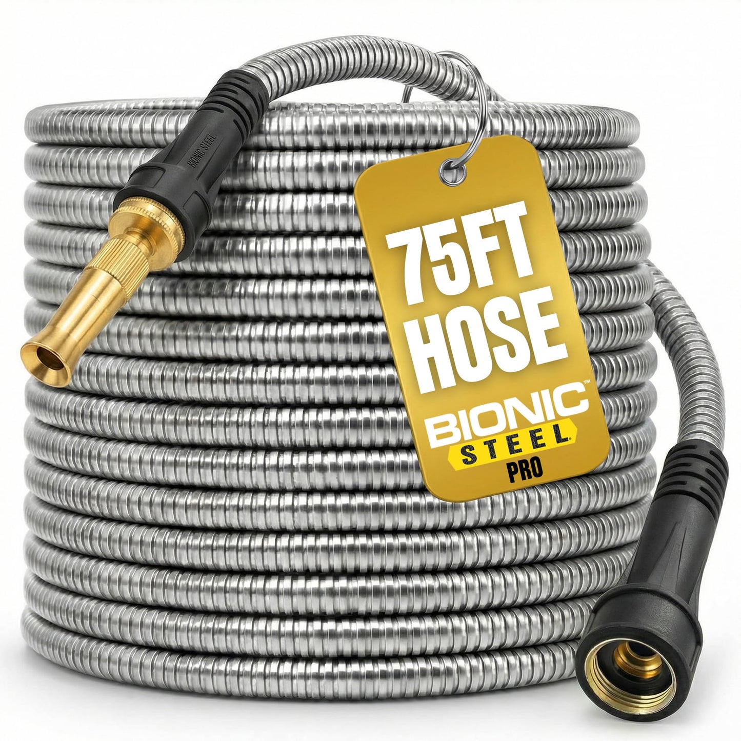 Bionic Steel PRO 75ft Garden Hose with Nozzle, 304 Stainless Steel Metal 75ft Water Hose Flexible Hose, Kink Free, Lightweight & Heavy Duty, Crush Resistant Fitting, Easy Coil, 500 PSI 2025 Model