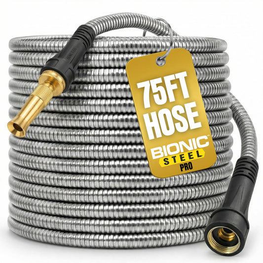Bionic Steel PRO 75ft Garden Hose with Nozzle, 304 Stainless Steel Metal 75ft Water Hose Flexible Hose, Kink Free, Lightweight & Heavy Duty, Crush Resistant Fitting, Easy Coil, 500 PSI 2025 Model