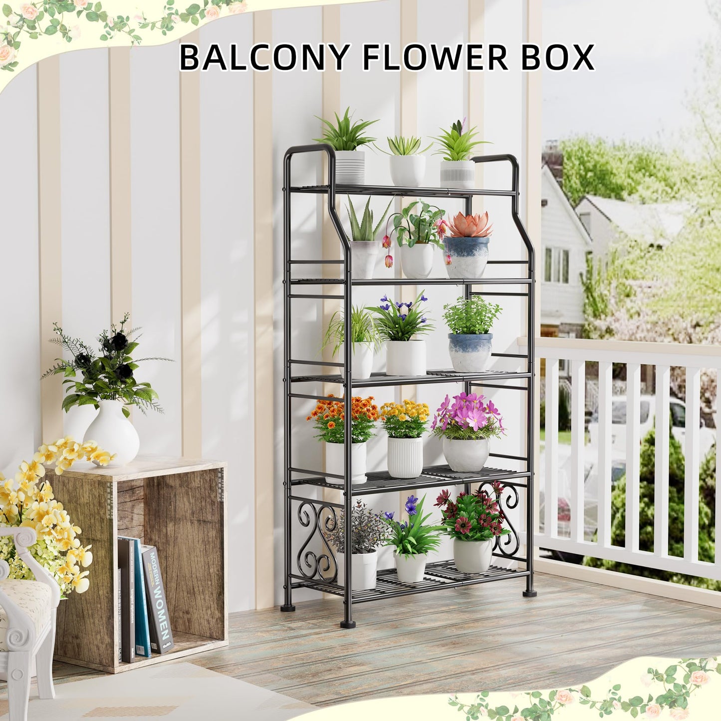 GIOTORENT Plant Stand Outdoor Indoor 5 Tier Metal Waterproof - 53.2" Plant Shelf for Patio, Balcony, Living Room, Large Capacity Tiered Plant Rack, Black