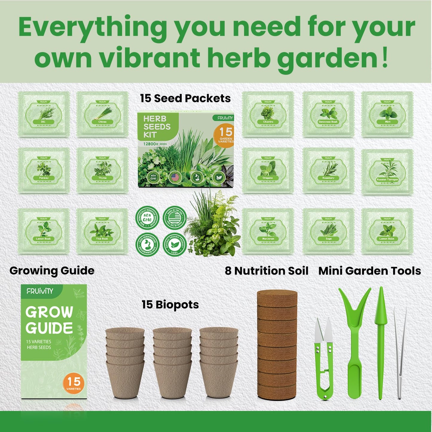Herb Garden Starter Kit – Fruivity 12800+ 15 in 1 Herb Heirloom Seed Kits for Indoor/Outdoor Planting | Herb Indoor Garden Kit Starter - Complete Herb Garden Starter Set with Gift Packaging for Family