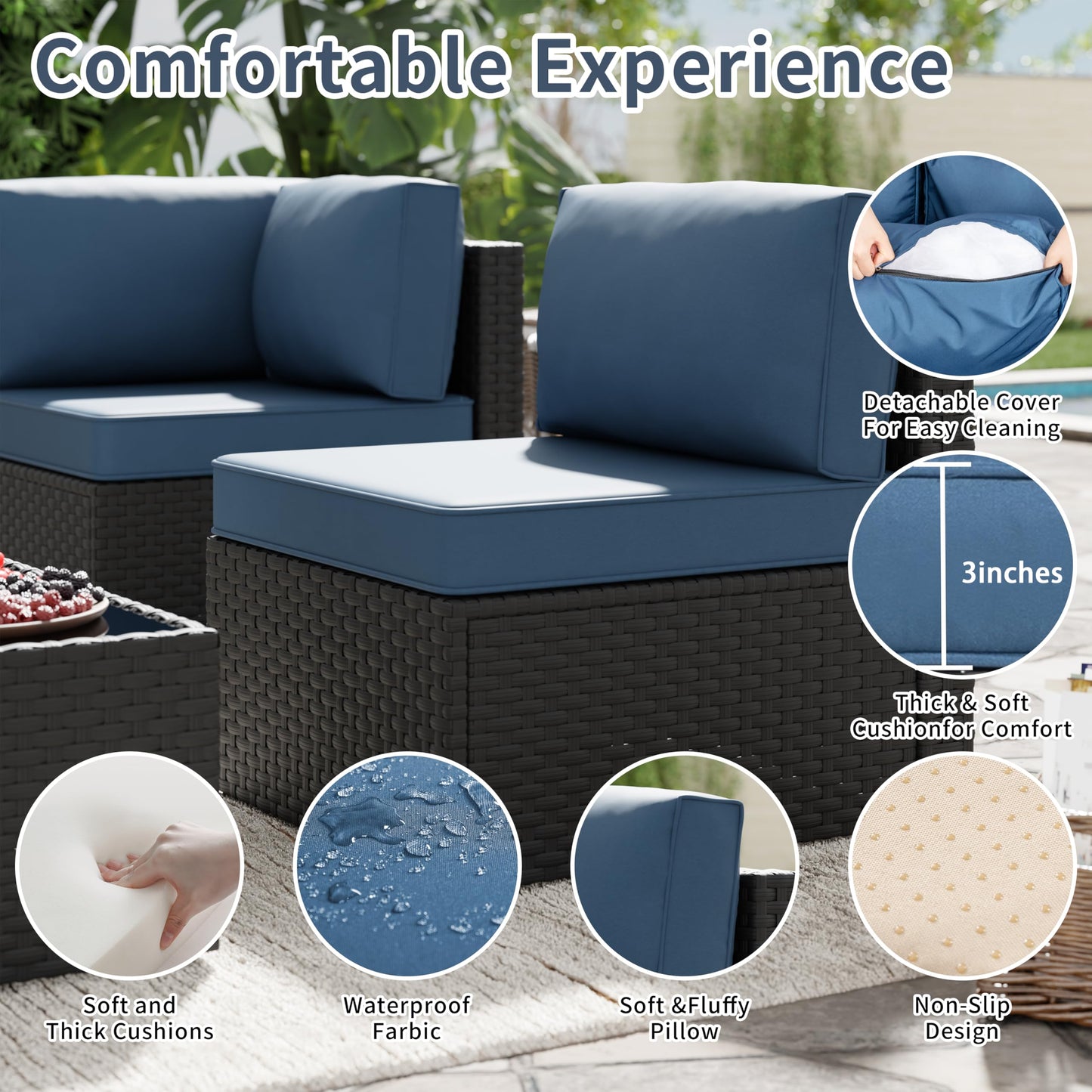SUNLEI 5 Piece Outdoor Patio Furniture Set with Fire Pit Table, Black PE Rattan Wicker Conversation Sofa Set with Blue Cushions, All Weather Sectional Patio Couch for Backyard, Deck, Garden, Porch