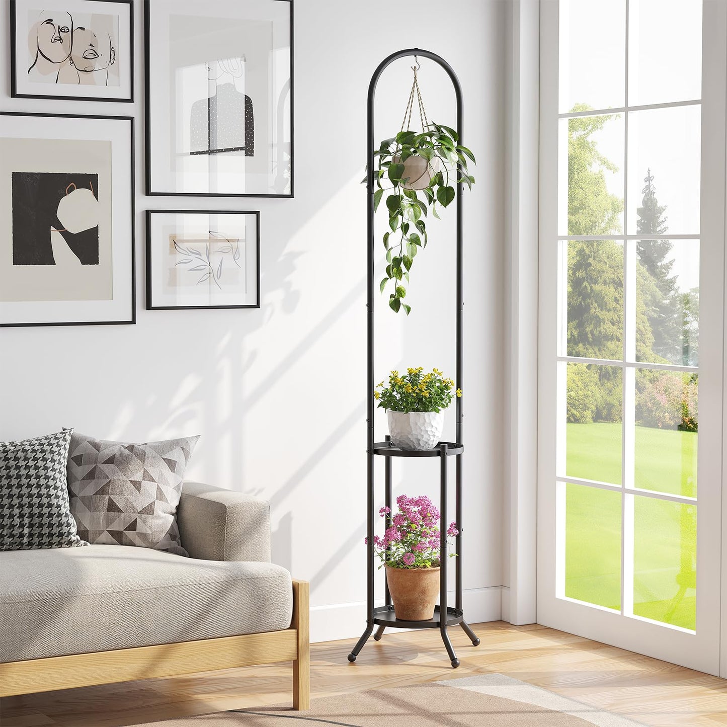 Wieghda Metal Plant Stand 2-Tier with Hanging Hook for Indoor Outdoor Plants,Sturdy Steel Plant Shelf Display Rack(Black)