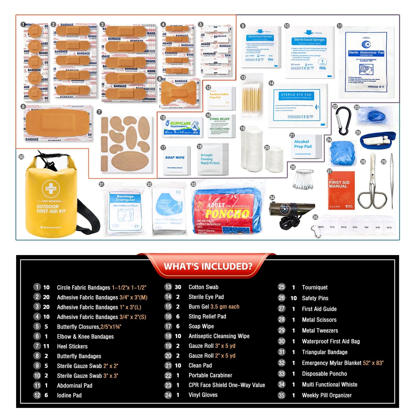 RIGRIG Waterproof First Aid Kit 186 Pcs Survival Gear, Portable Small Boat Dry Bag Bug Out Bags, Emergencies Medical Kit Ideal for Boating, Fishing, Hiking, Camping, Kayaking (Yellow)