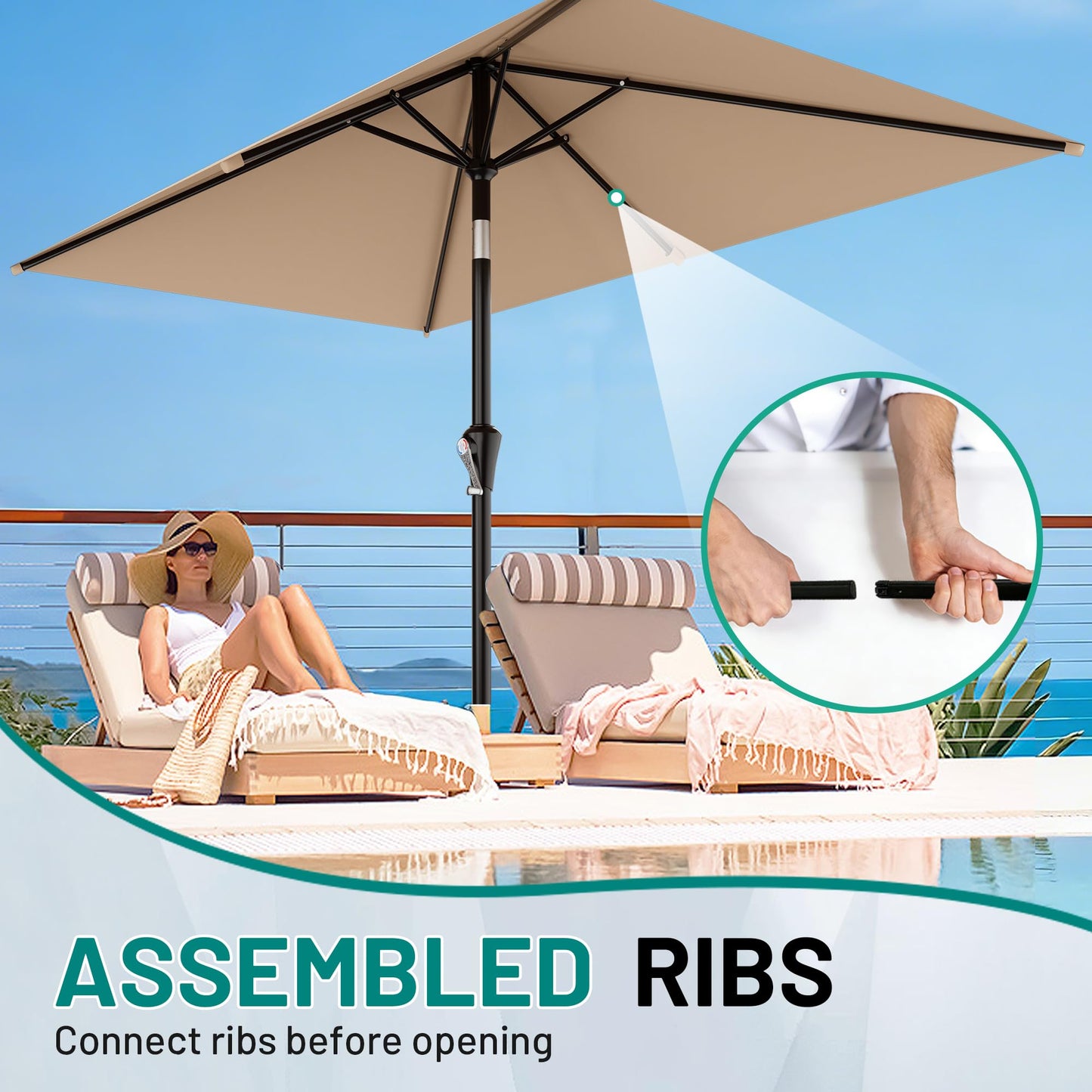 AreShark 6.5' x 10' Rectangular Patio Umbrellas for Outdoor, Outdoor Table Umbrella, Large Outdoor Patio Umbrellas with 6 Sturdy Ribs for Pool, Garden, Deck & Market (Beige)
