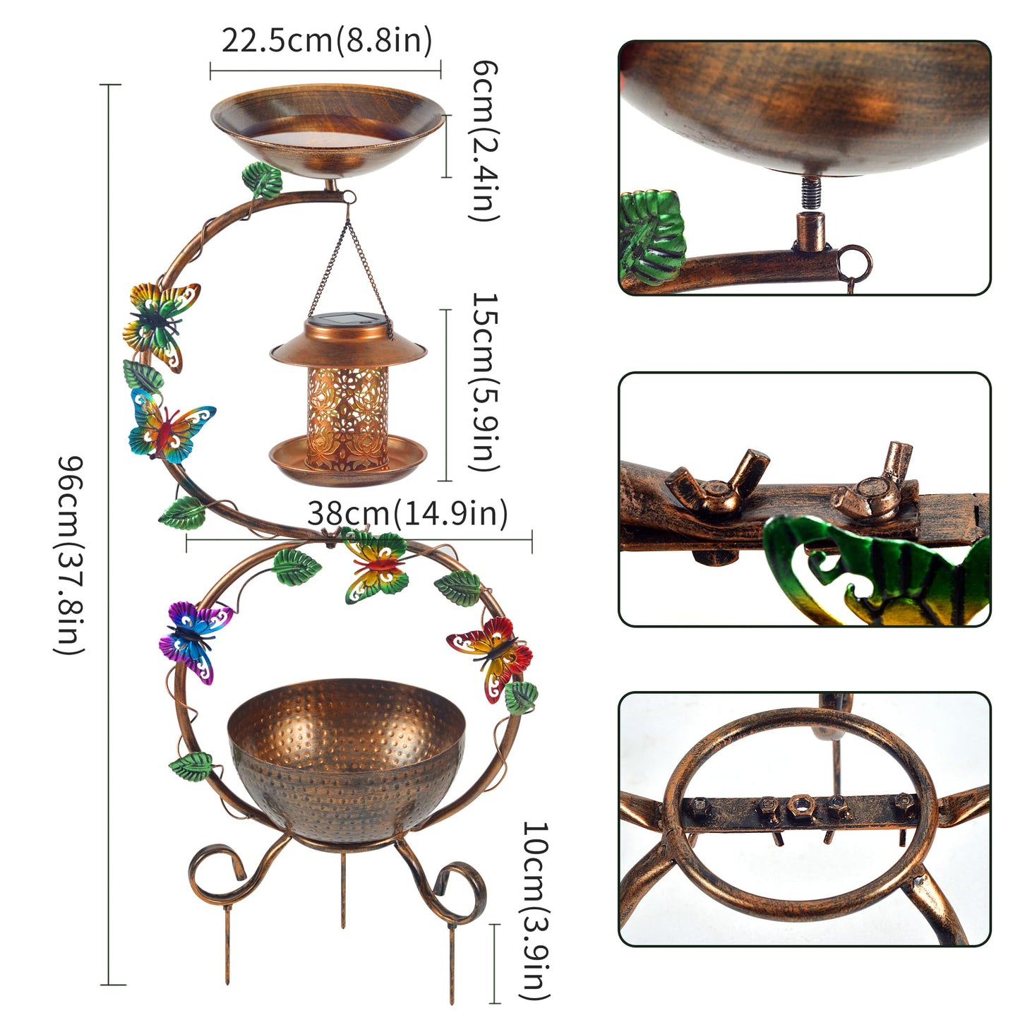 YYWMWM Metal Birdbath with Flower Planter Pedestal and Solar Bird Feeders Combo for Outdoor, Decorative Bird Bath with Butterfly for Garden Yard Outside
