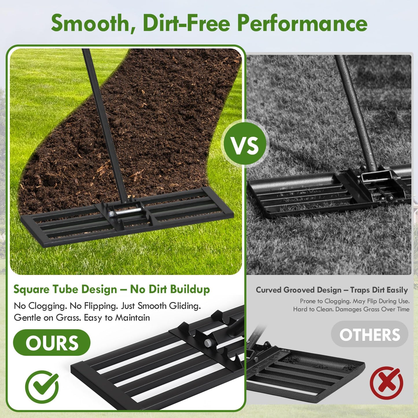 Seeutek Lawn Leveling Rake, 35” x 10” Lawn Leveler with 6.5FT Stainless Steel Handle Rakes for Lawns, 0-180° Adjustable Ground Leveler Tool for Yard, Level Soil Sand Dirt Surfaces