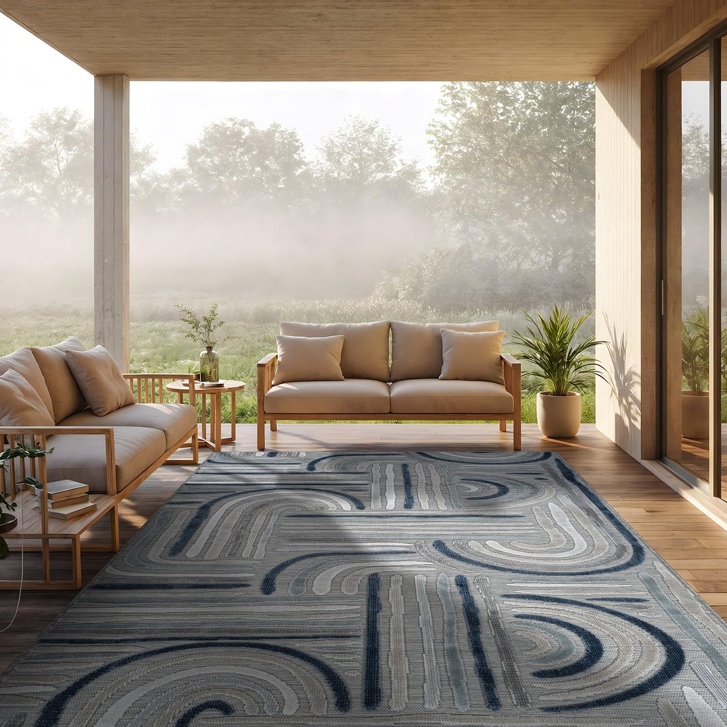 CAMILSON Indoor Outdoor Rug, Blue 5x7 Geometric Arch Striped Area Rugs for Patio and Home Areas, Easy-Cleaning Non-Shedding Living Room, Garden and Deck Washable Outside Carpet (5 x 7)