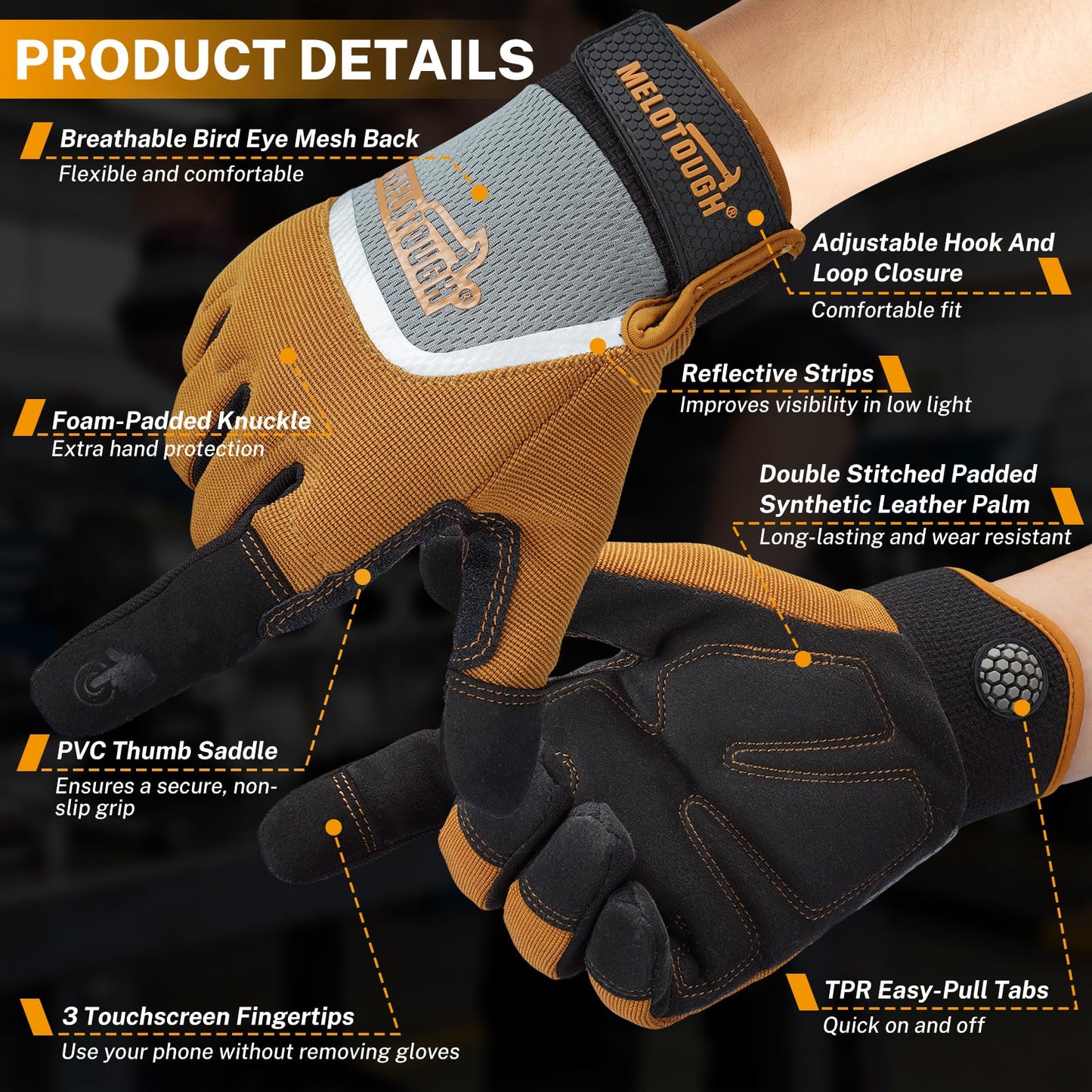 MELOTOUGH Work Gloves for Men Women,Mens Mechanic Work Gloves for Garden,Yard,Warehouse,Touch Screen Working Gloves